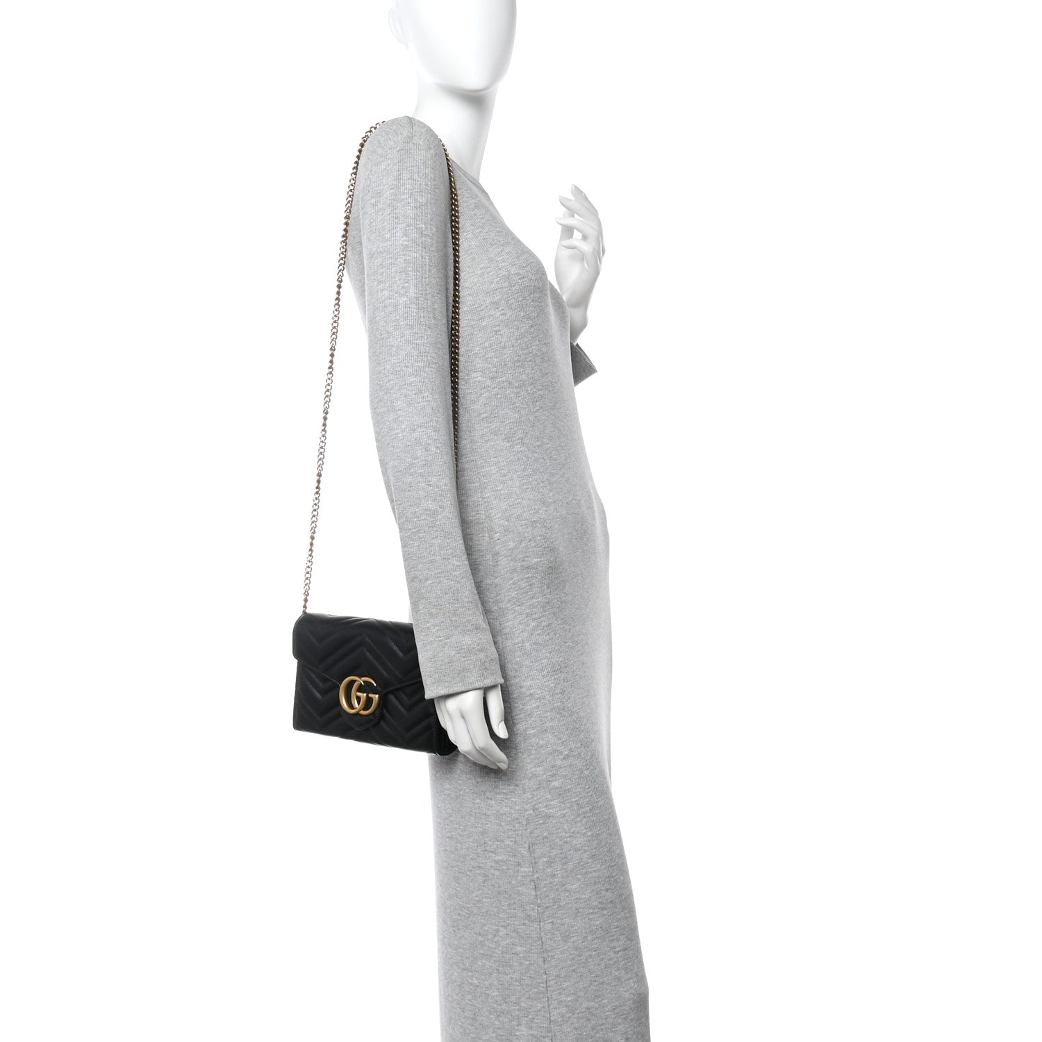 Gucci Calfskin Matelasse GG Marmont Chain Wallet Black