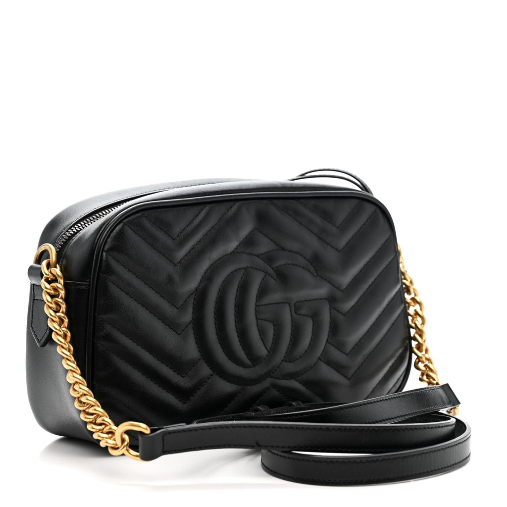 Gucci Calfskin Matelasse Small GG Marmont Chain Shoulder Bag Black