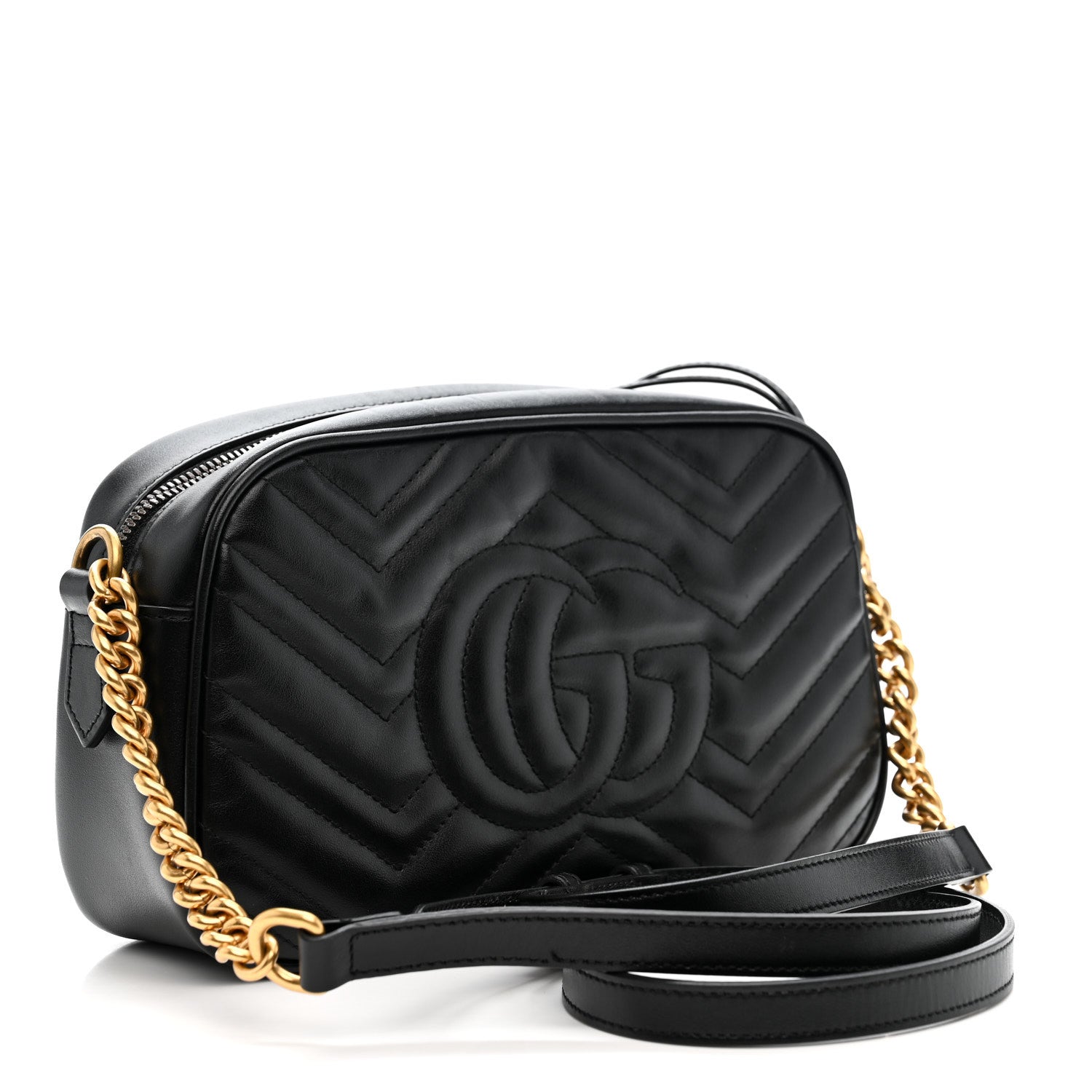 Gucci Calfskin Matelasse Small GG Marmont Chain Shoulder Bag Black
