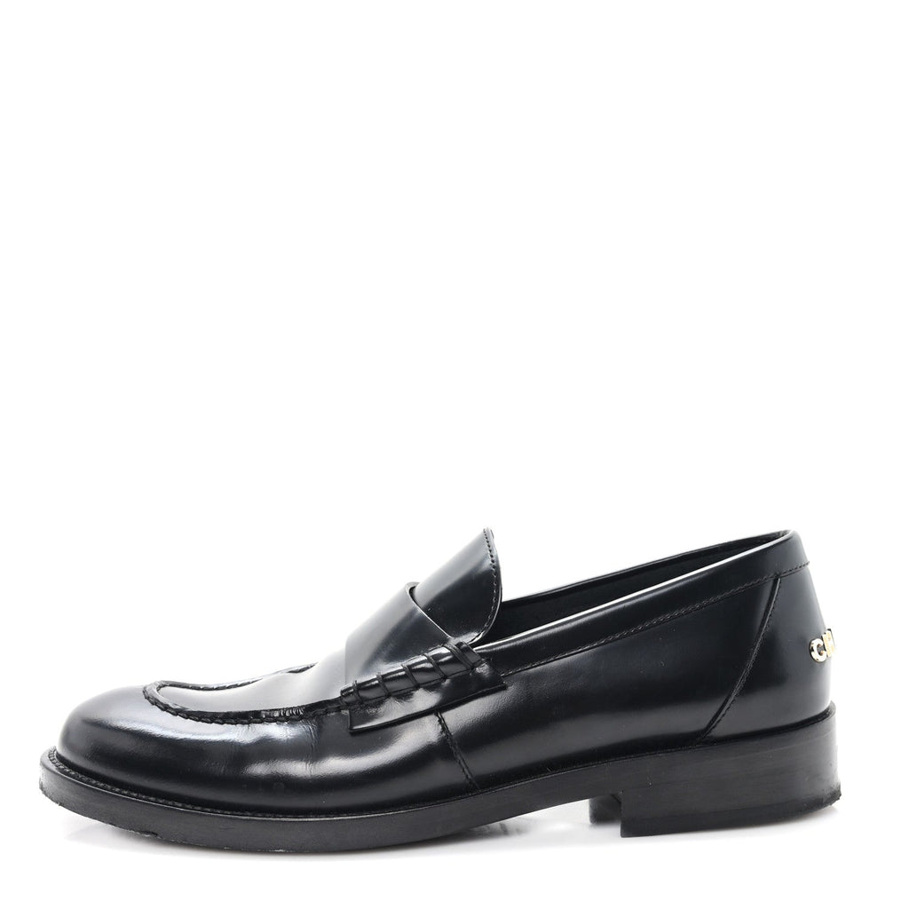 Chanel Shiny Calfskin Logo Loafers 38.5 Black