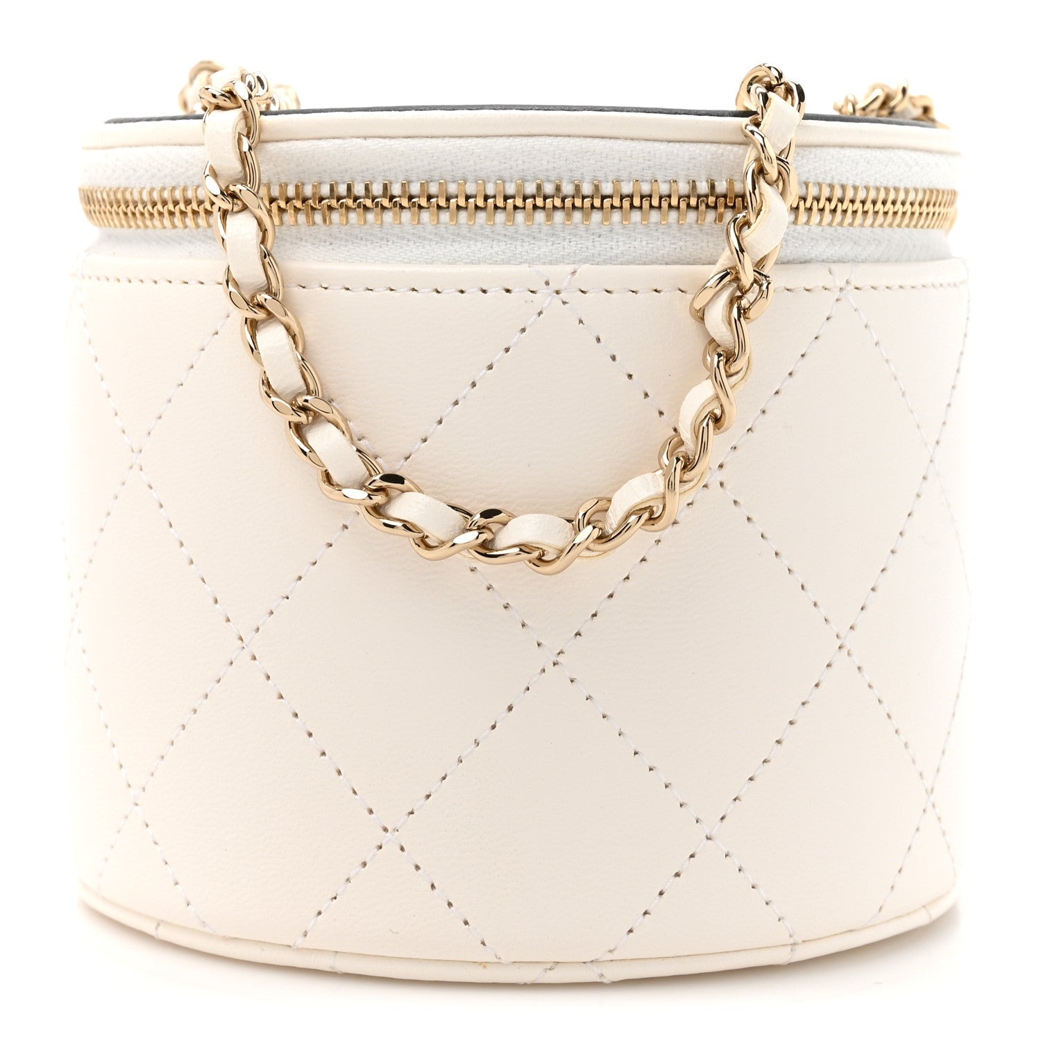 Chanel Lambskin Quilted Round Small Vanity Case With Chain White Black