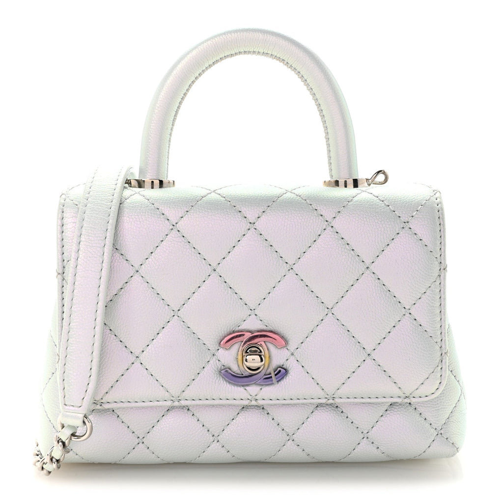 Chanel Iridescent Caviar Quilted Extra Mini Coco Handle Flap Light Blue