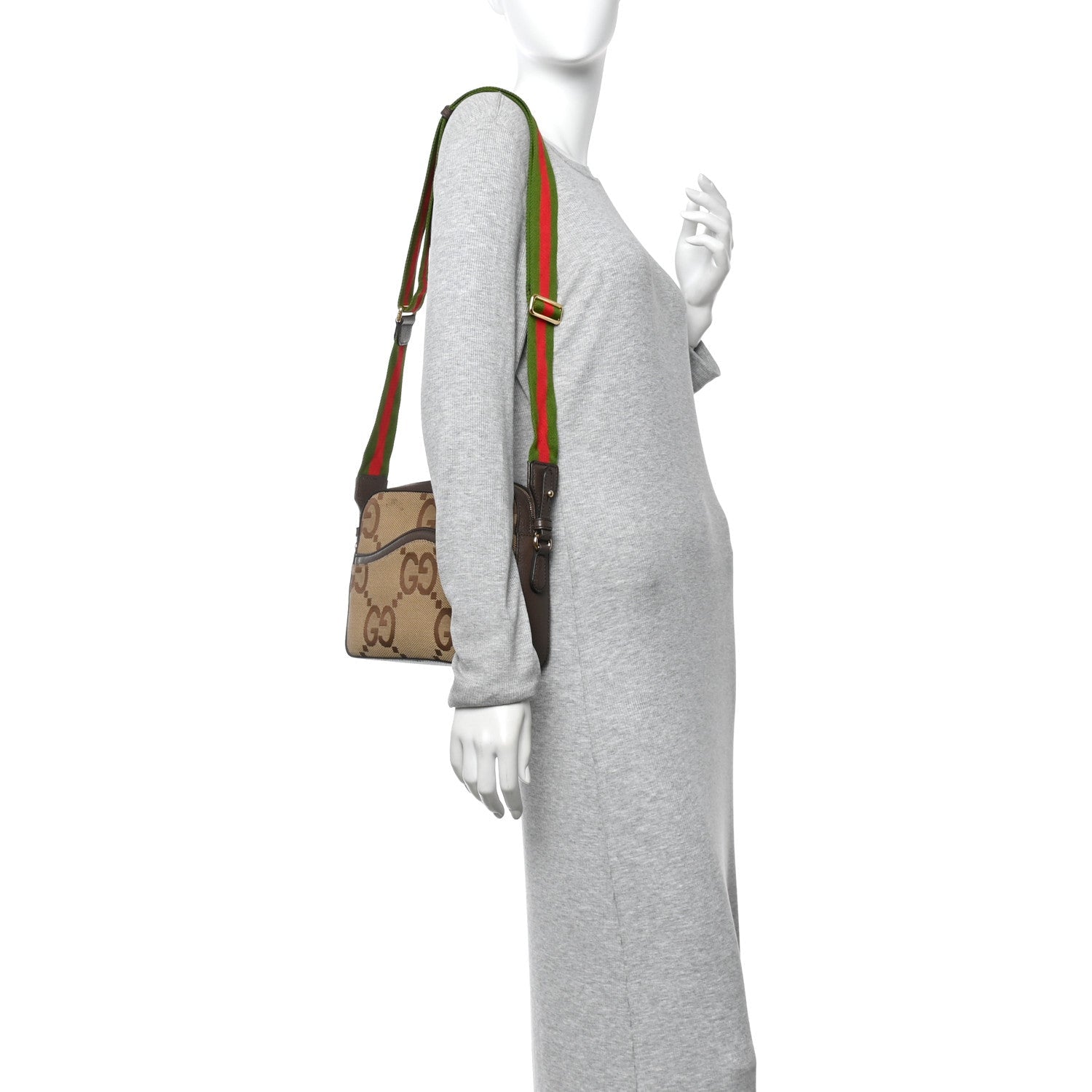 Gucci Monogram Jumbo GG Textured Dollar Calfskin Web Messenger Shoulder Bag Camel Ebony New Acero