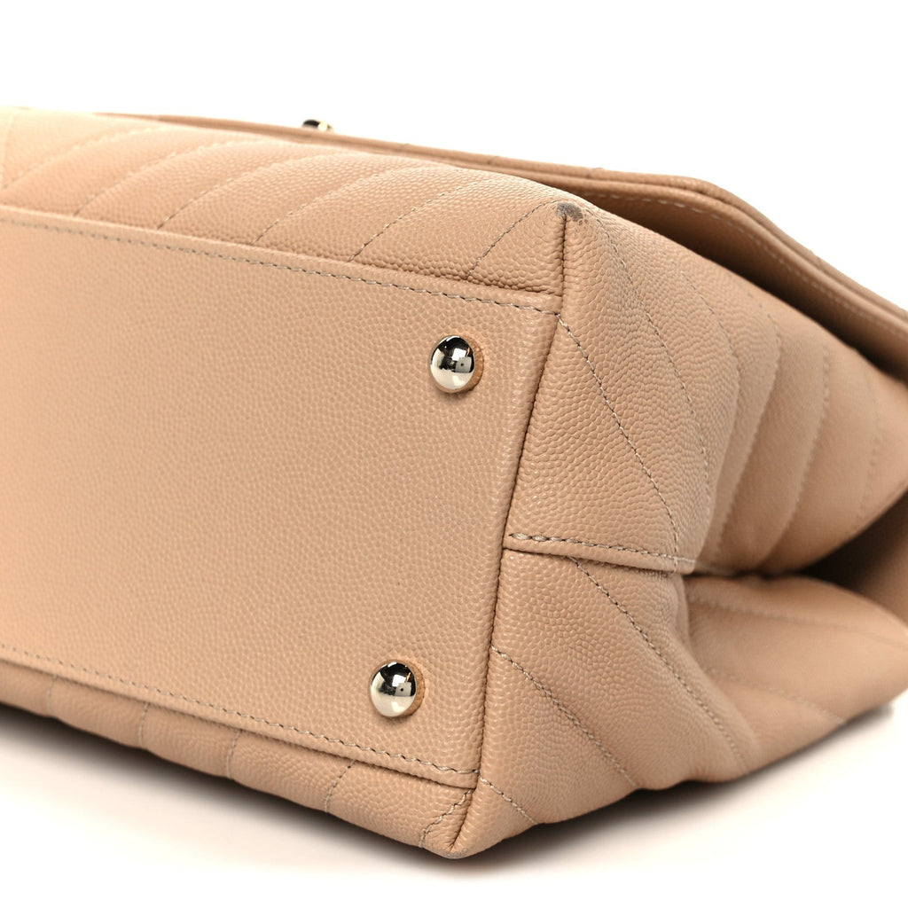 Chanel Caviar Chevron Quilted Small Coco Handle Flap Beige