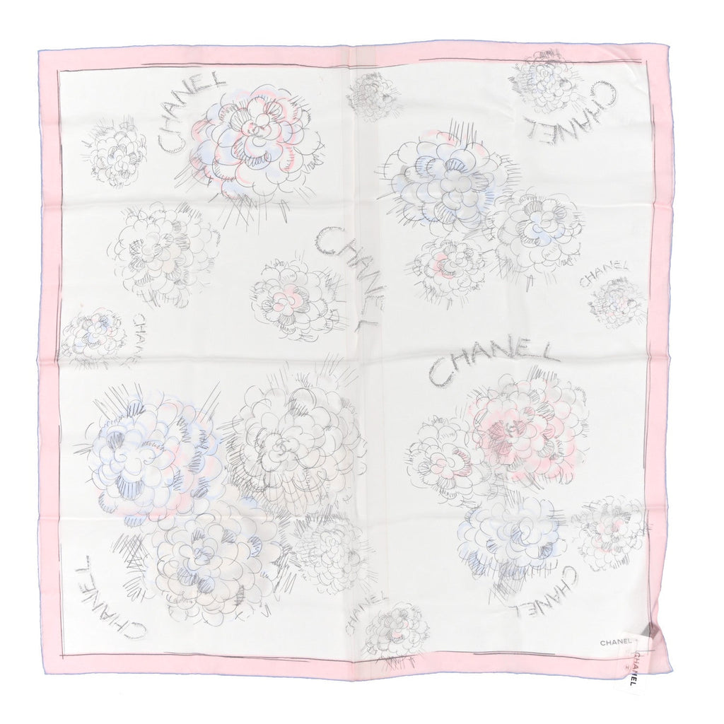 Chanel Silk Camellia Sketch Scarf White Light Pink