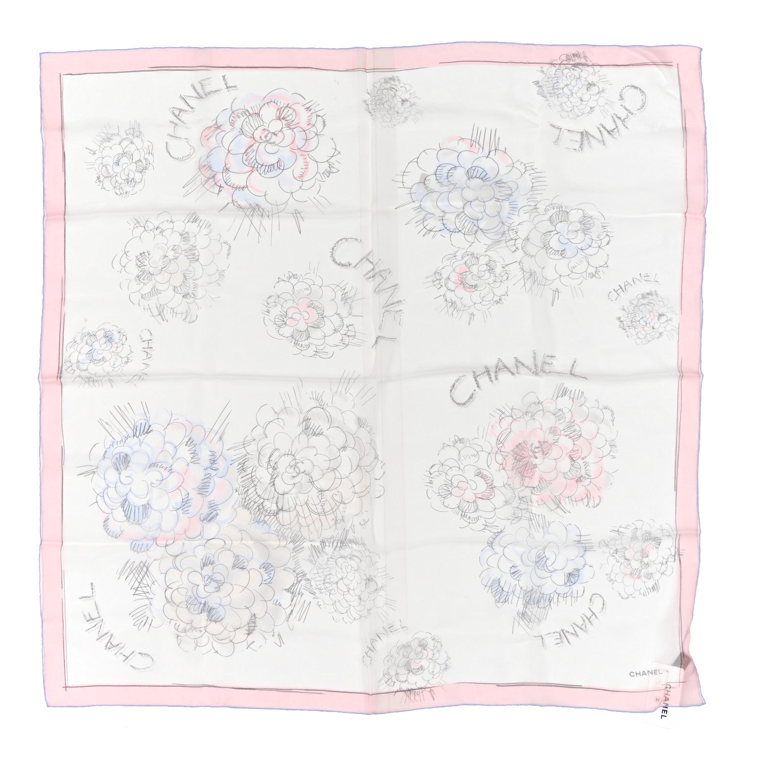 Chanel Silk Camellia Sketch Scarf White Light Pink