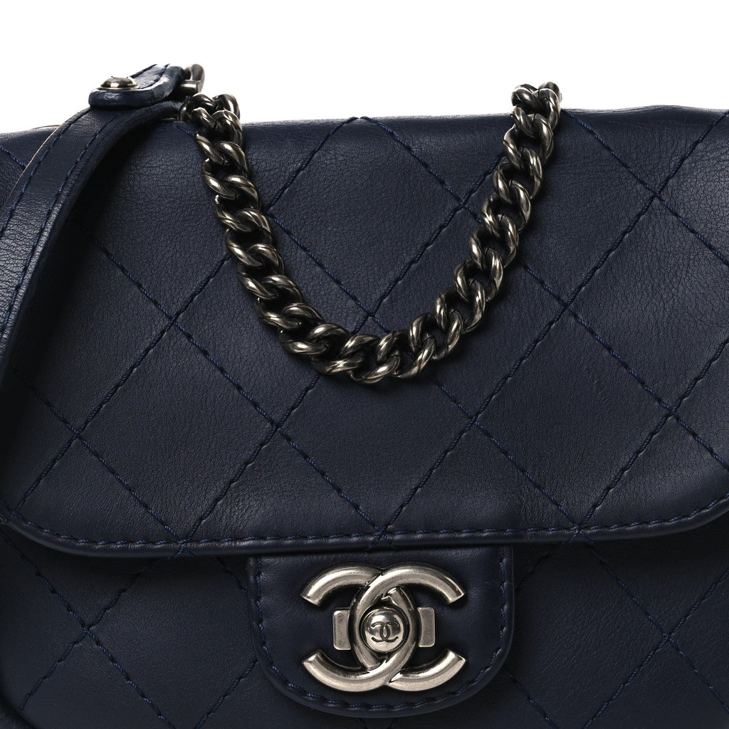Chanel Calfskin Stitch CC Small Flap Navy Blue