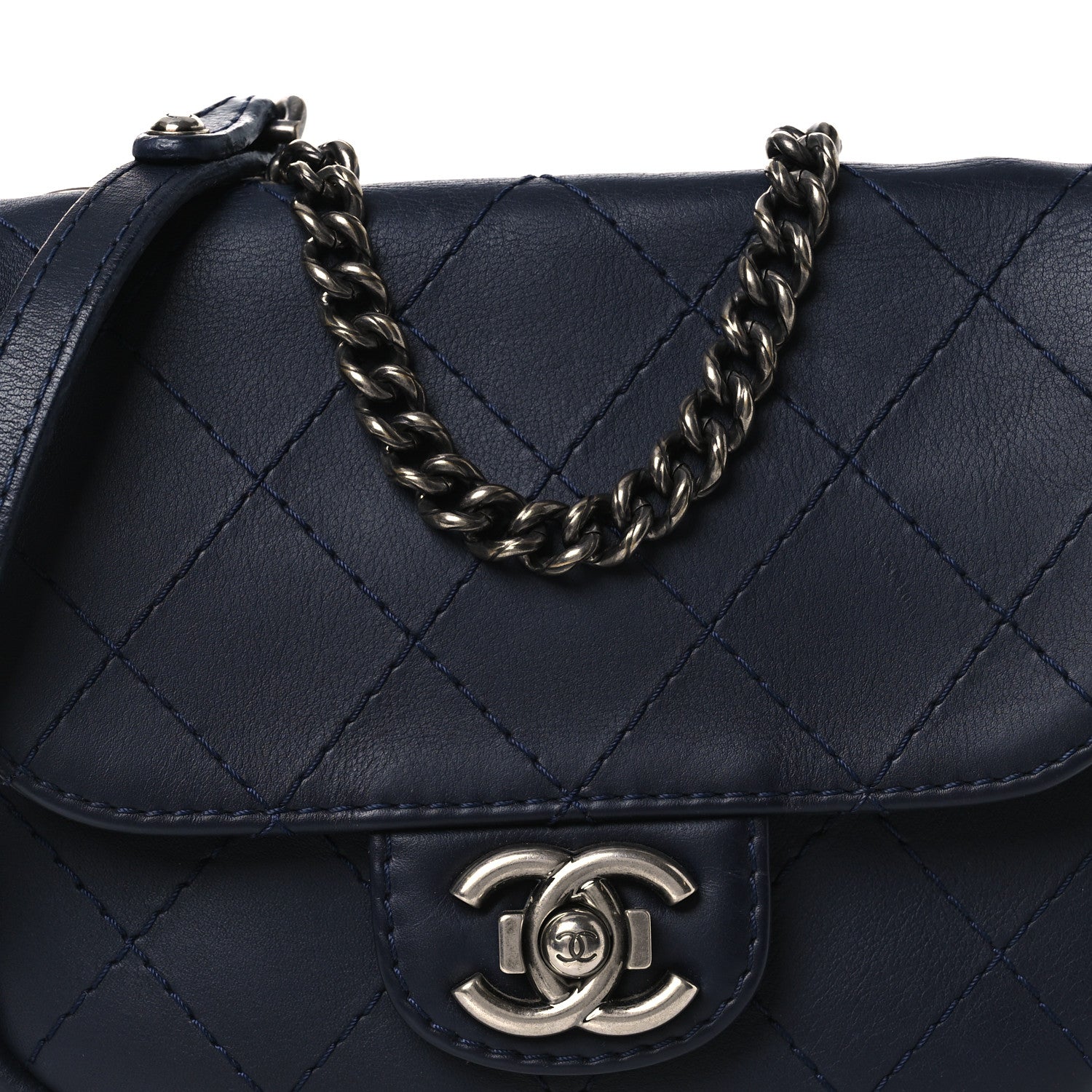 Chanel Calfskin Stitch CC Small Flap Navy Blue
