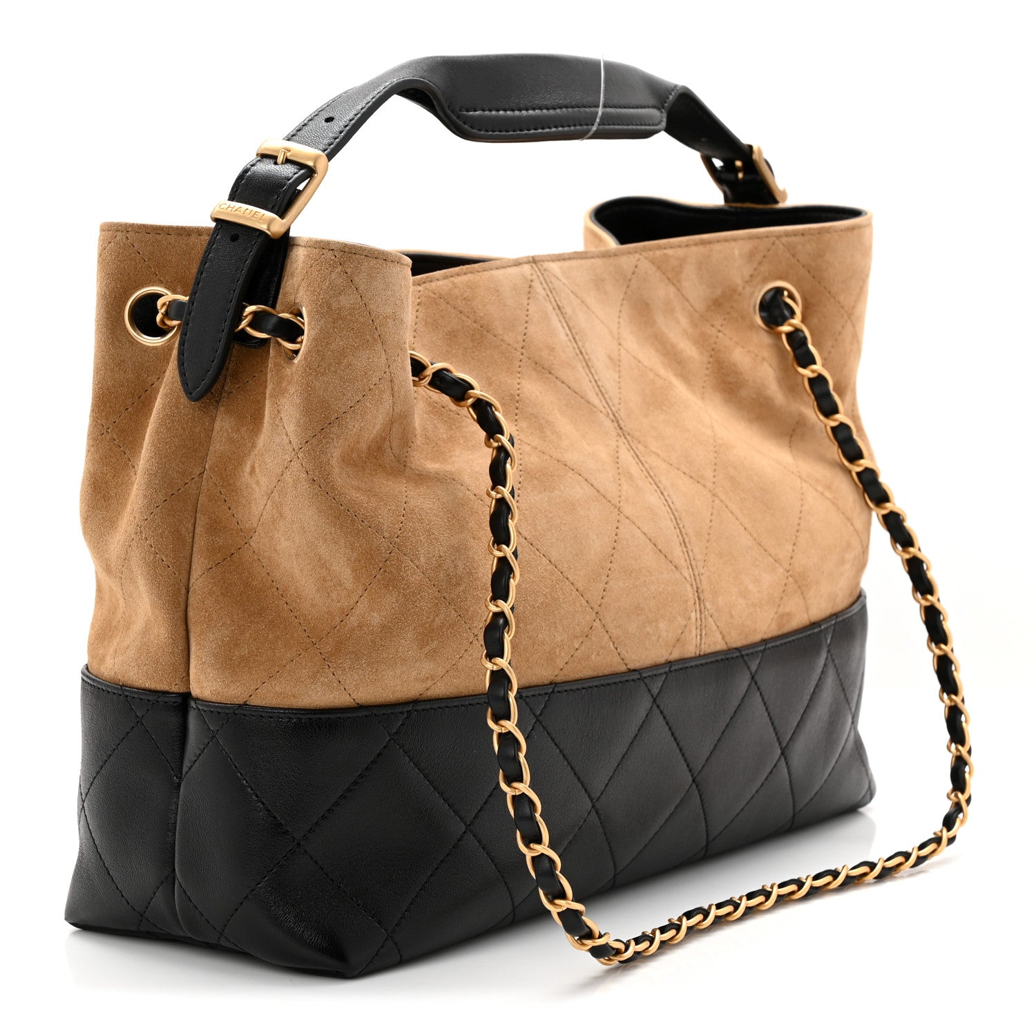 Chanel Suede Calfskin Shiny Lambskin Quilted Small Coco Base Shopping Bag Beige Black