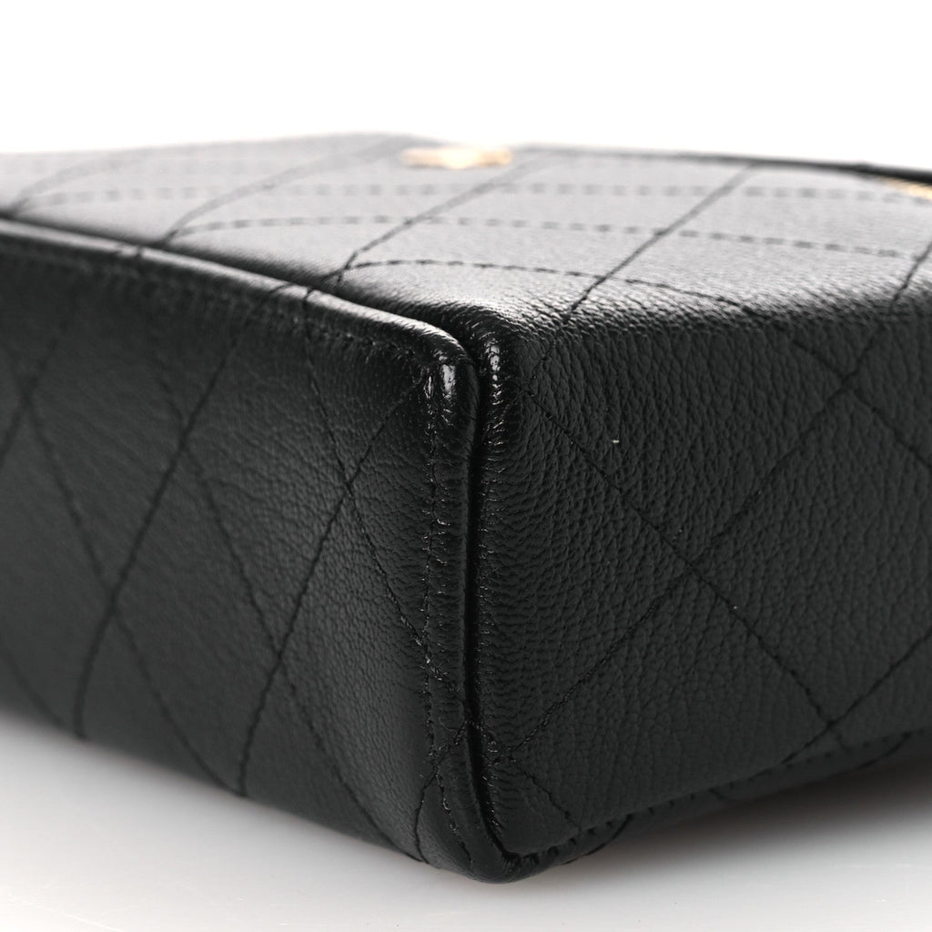 Chanel Goatskin Stitched Top Handle Slim Vanity With Chain Black