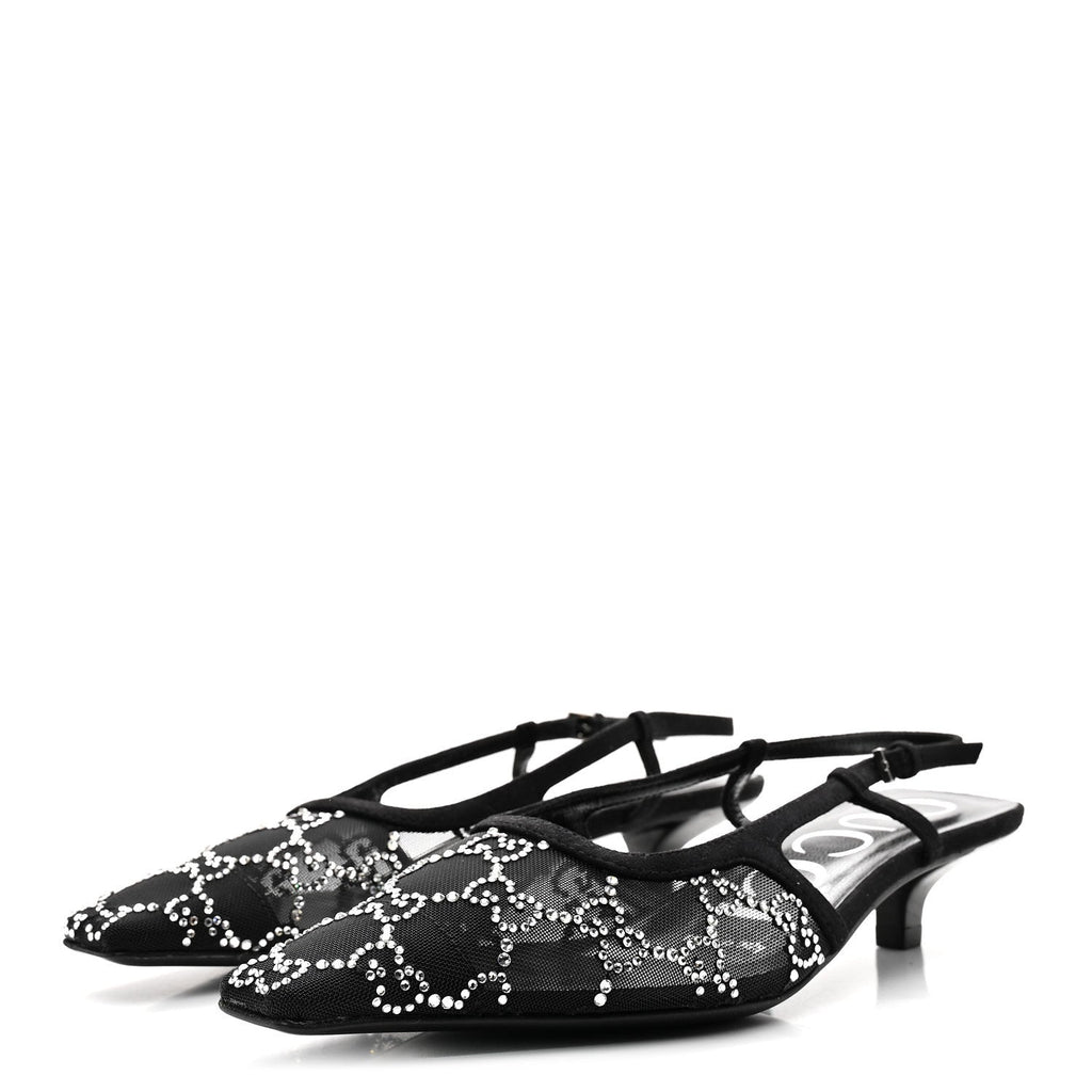 Gucci Tela Retino Kid Scamosciato Crystal GG Monogram Square G 35mm Slingback Pumps 35.5 Black