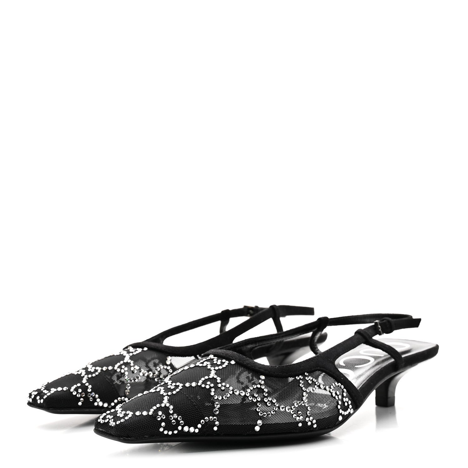 Gucci Tela Retino Kid Scamosciato Crystal GG Monogram Square G 35mm Slingback Pumps 35.5 Black