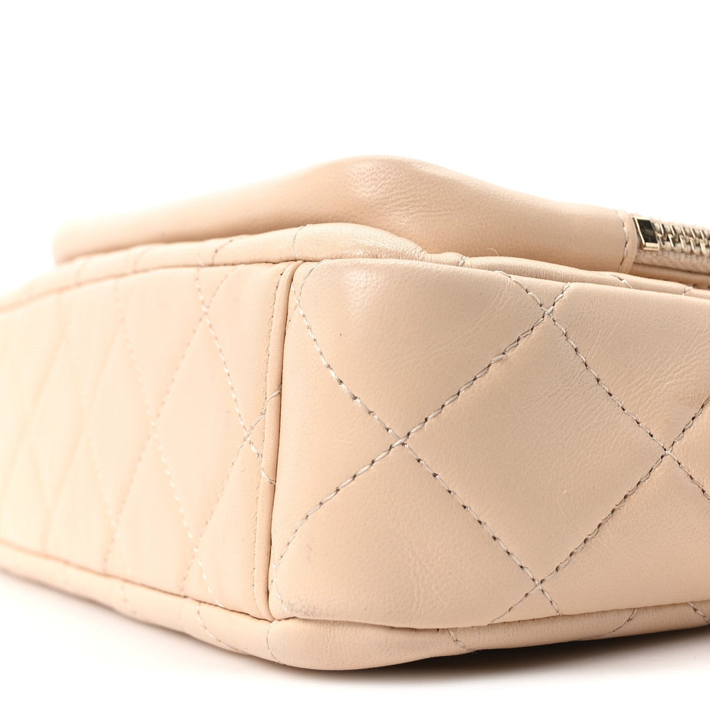 Chanel Shiny Crumpled Lambskin Quilted Small Preppy Pocket Clutch With Chain Beige