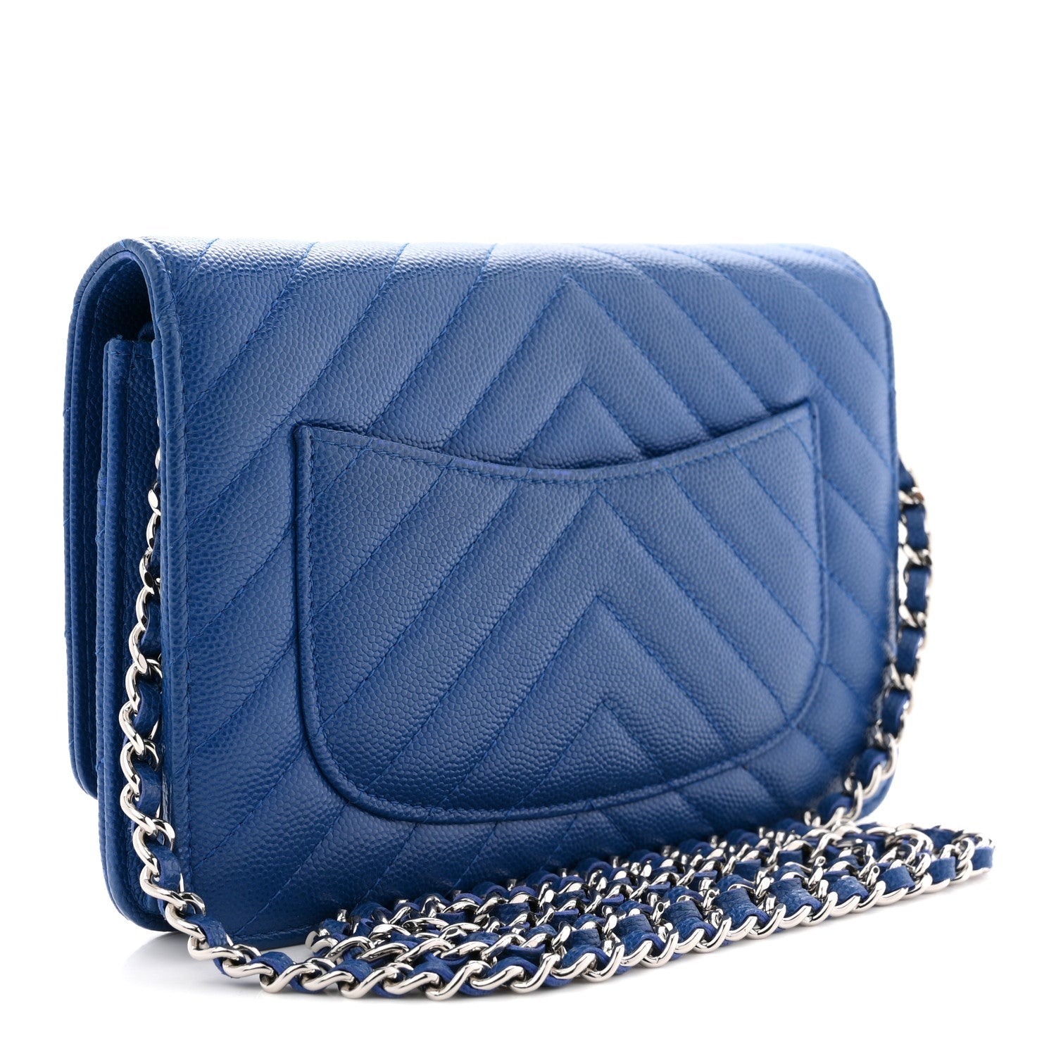 Chanel Caviar Chevron Quilted Wallet On Chain WOC Blue