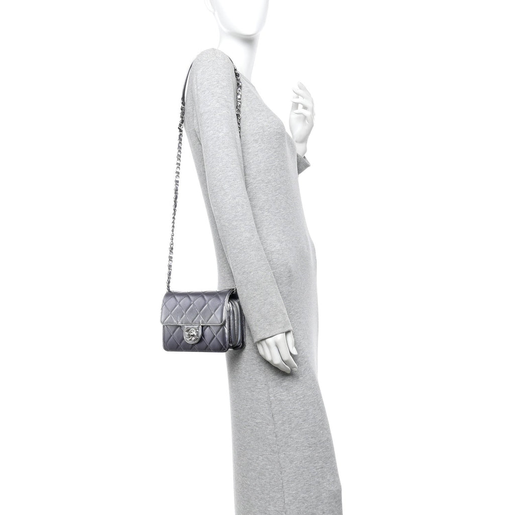 Chanel Metallic Lambskin Like A Wallet Flap Silvery Black