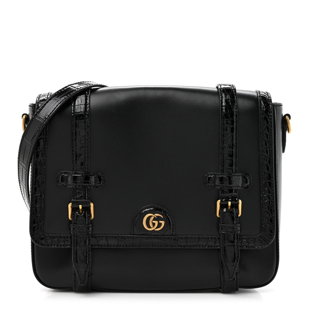 Gucci Calfskin Crocodile GG Double Buckle Medium Messenger Bag Black
