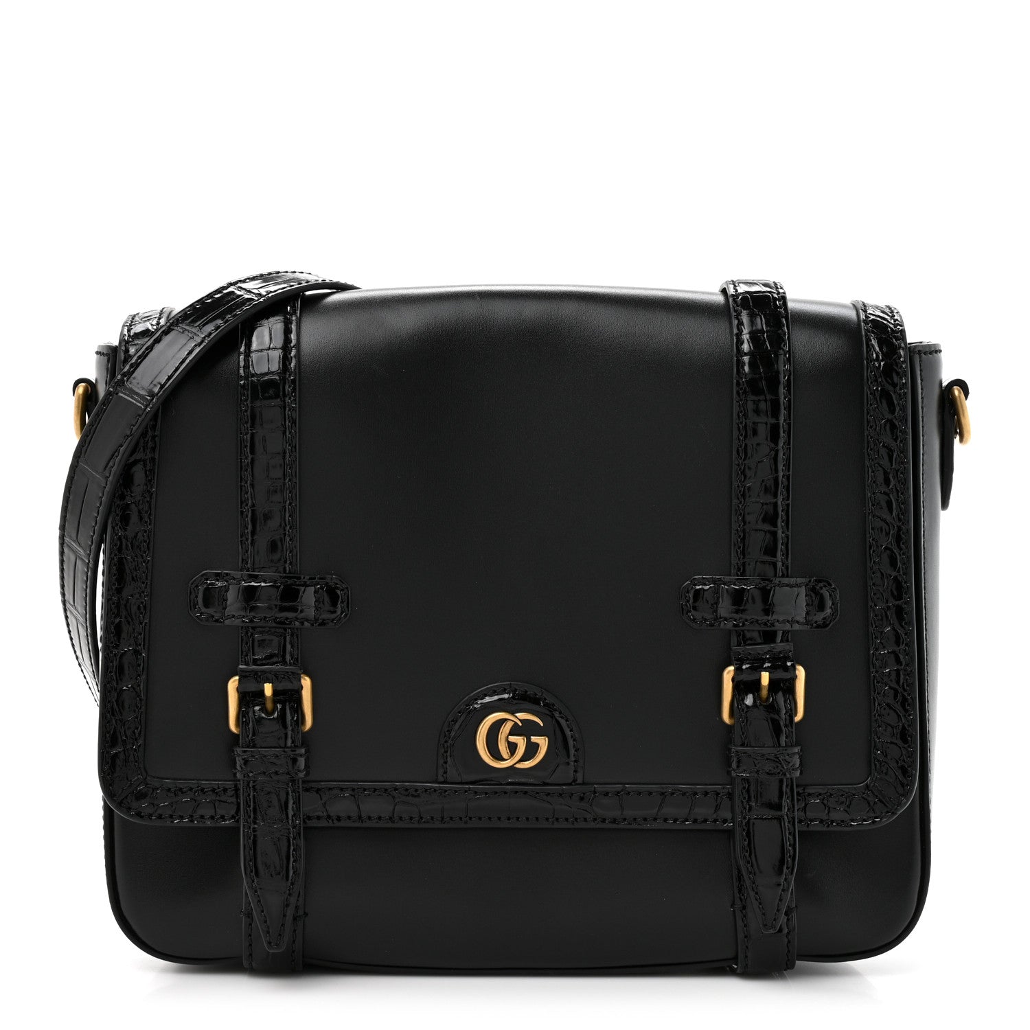 Gucci Calfskin Crocodile GG Double Buckle Medium Messenger Bag Black