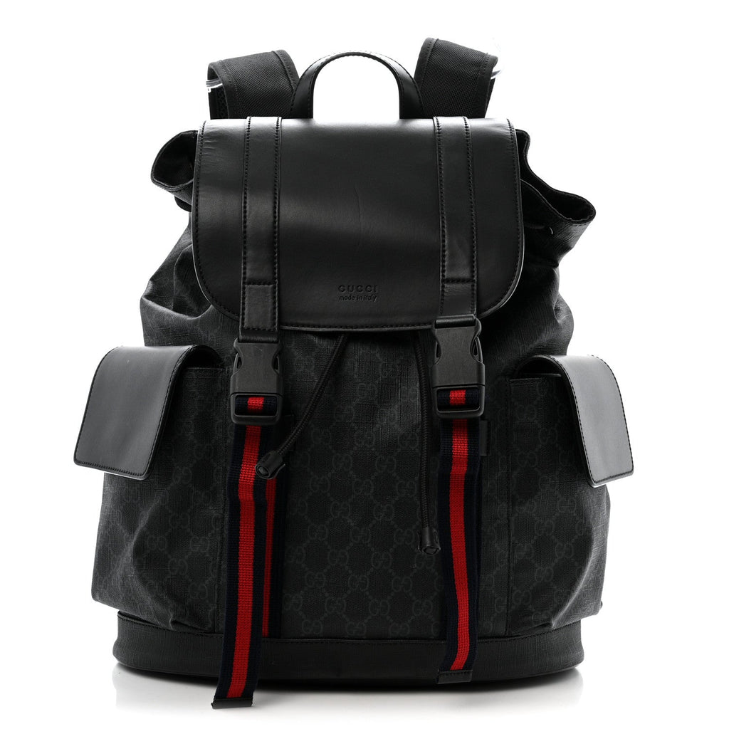 Gucci Soft GG Supreme Monogram Calfskin Web Double Buckle Backpack Black