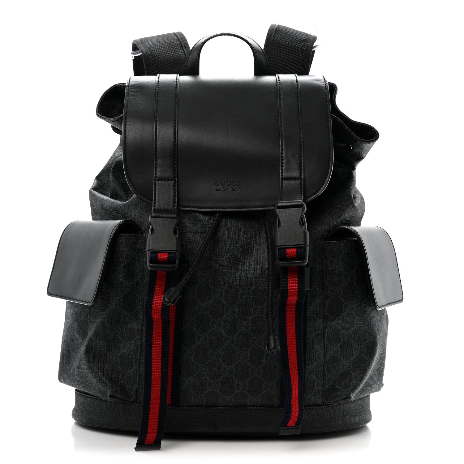 Gucci Soft GG Supreme Monogram Calfskin Web Double Buckle Backpack Black