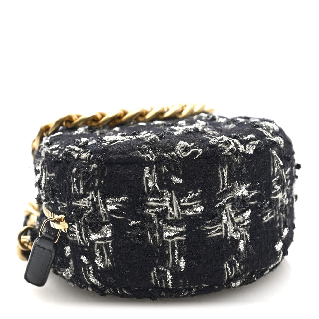 Chanel Tweed Quilted 19 Round Clutch With Chain Black White