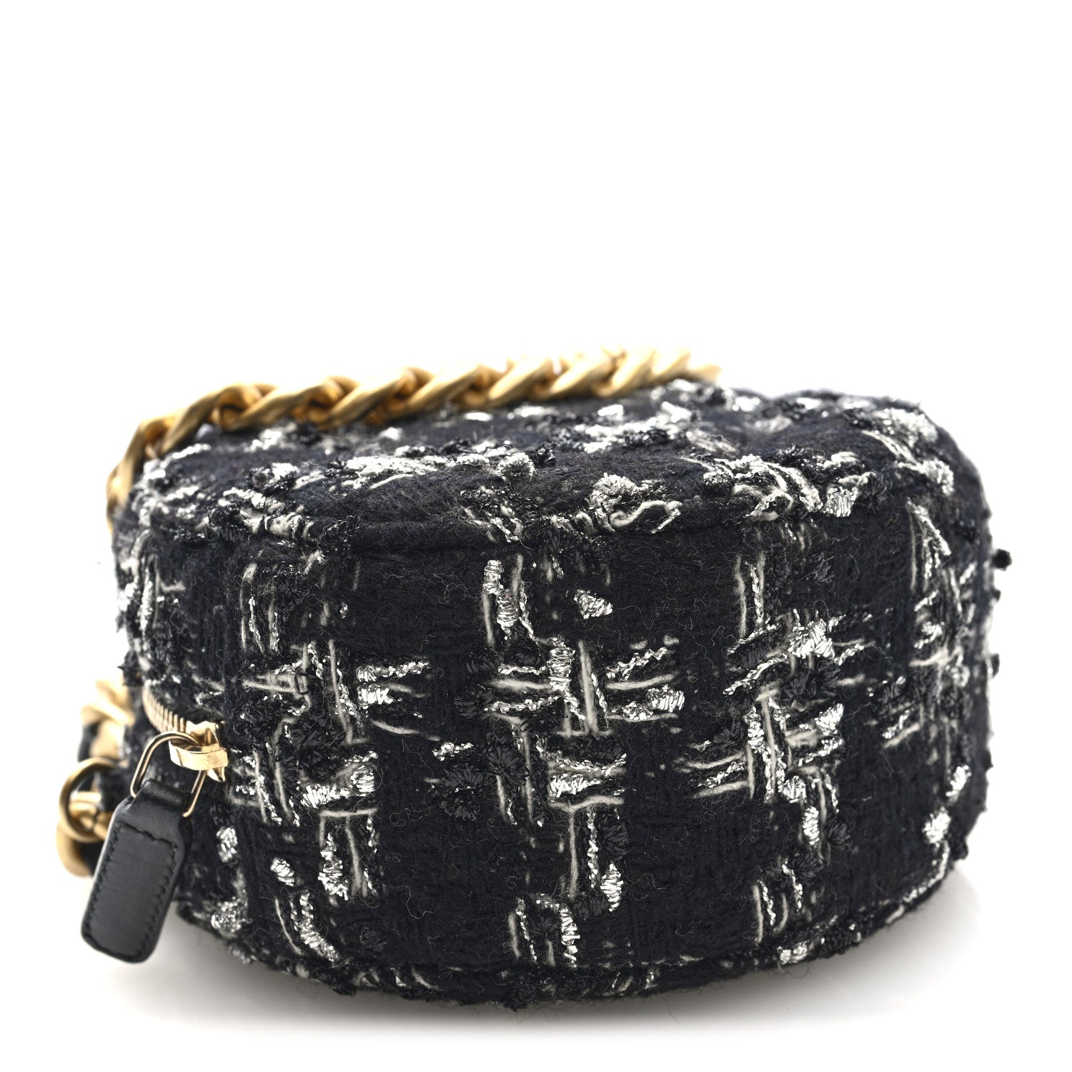Chanel Tweed Quilted 19 Round Clutch With Chain Black White
