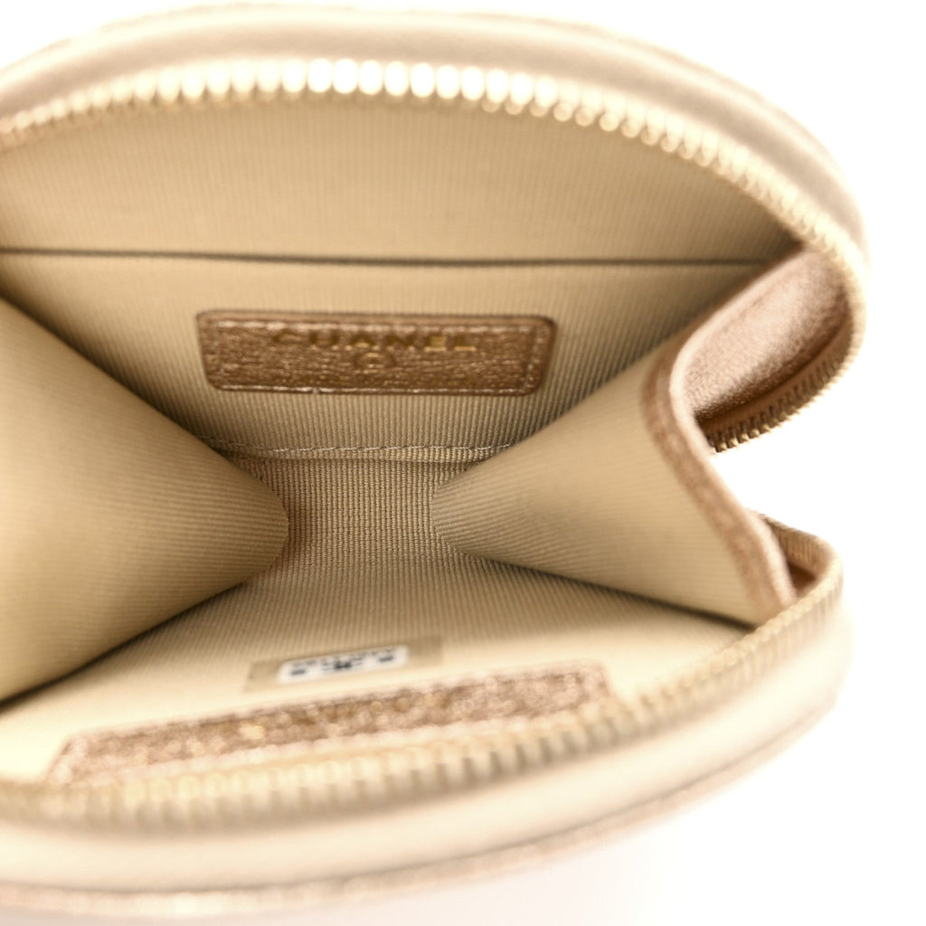 Metallic Lambskin Quilted Round Clip On Coin Purse Airpods Case Gold