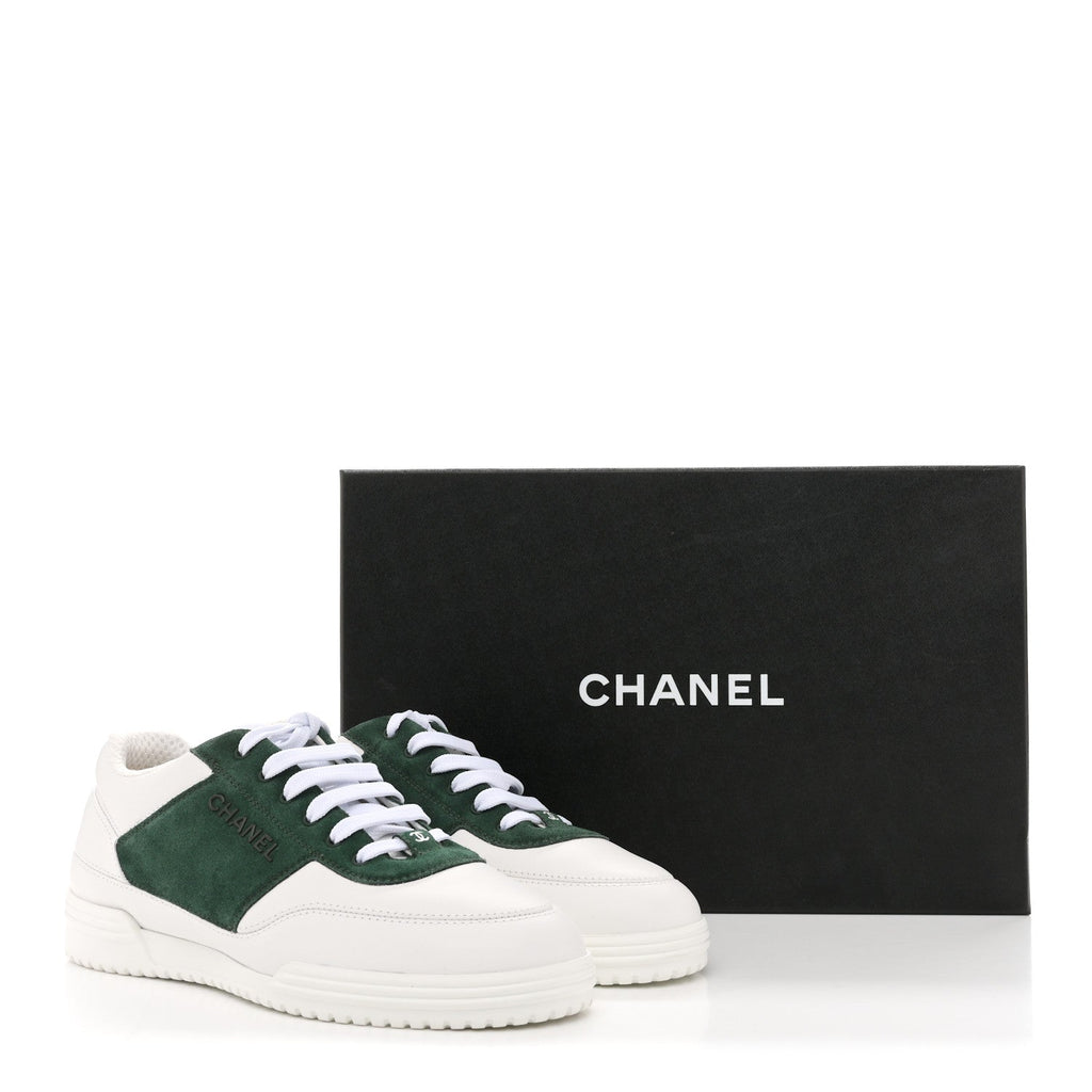 Calfskin Suede Calfskin Logo Womens Sneakers 37.5 White Dark Green
