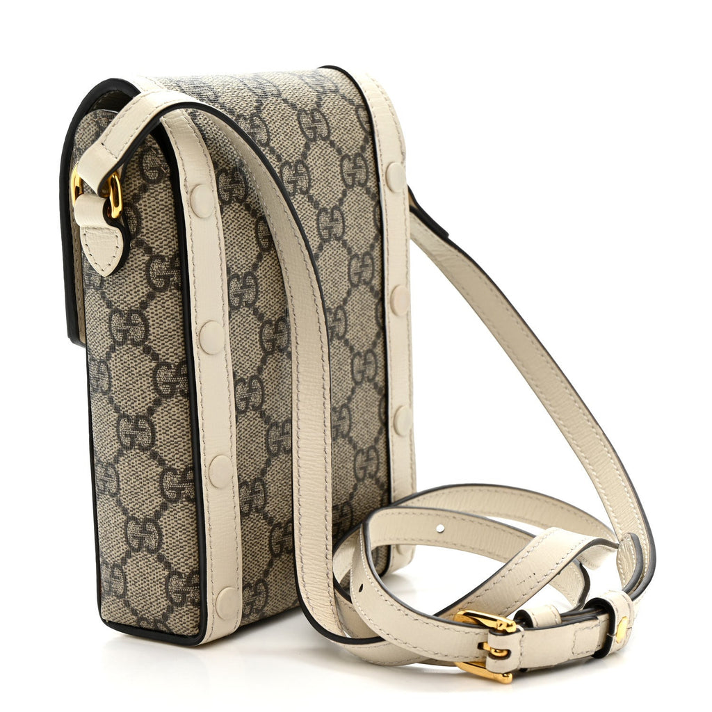 Gucci GG Supreme Monogram Azalea Calfskin Mini Horsebit 1955 Crossbody Bag Beige Ebony Mystic White