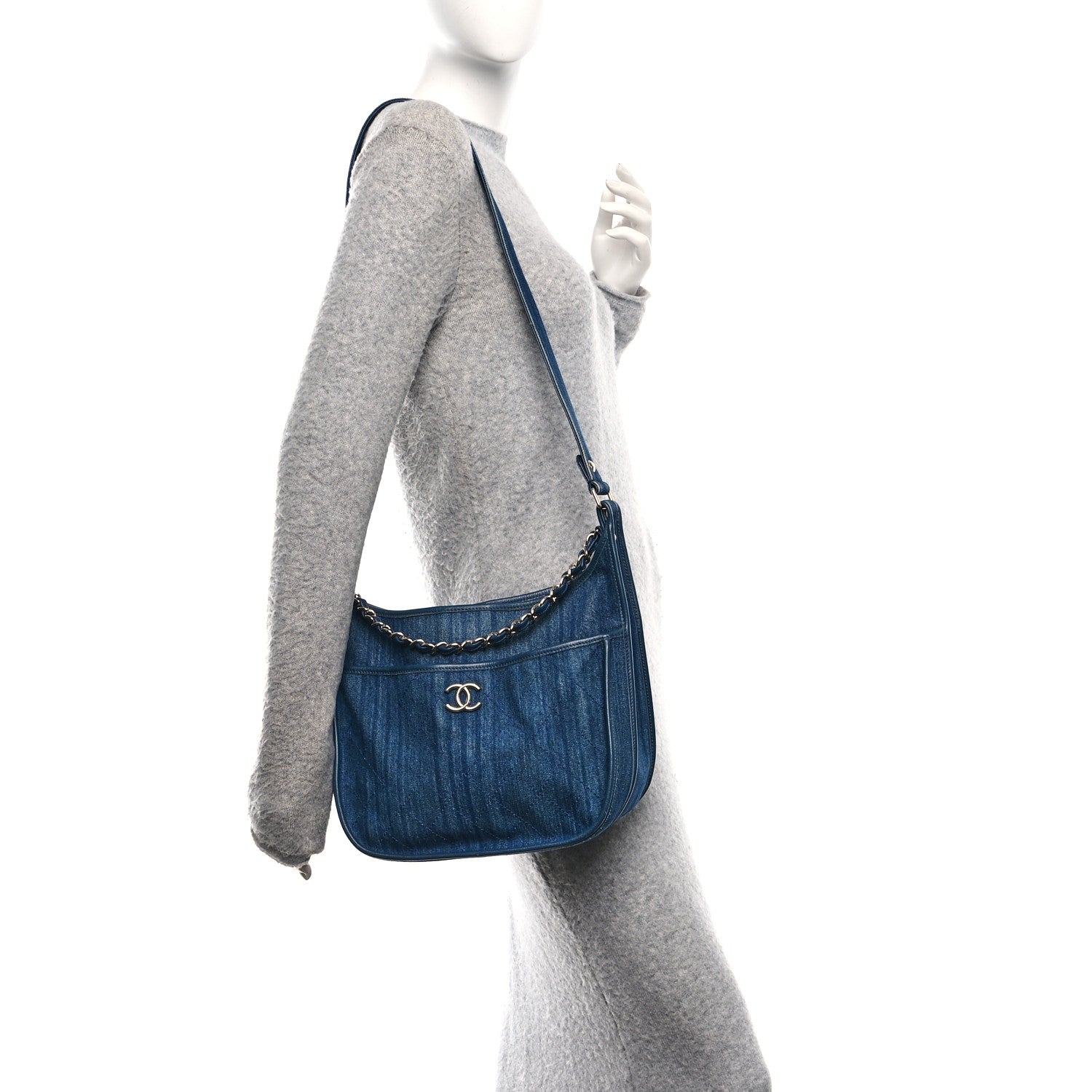 Chanel Denim Quilted Jungle Stroll Hobo Bag Blue