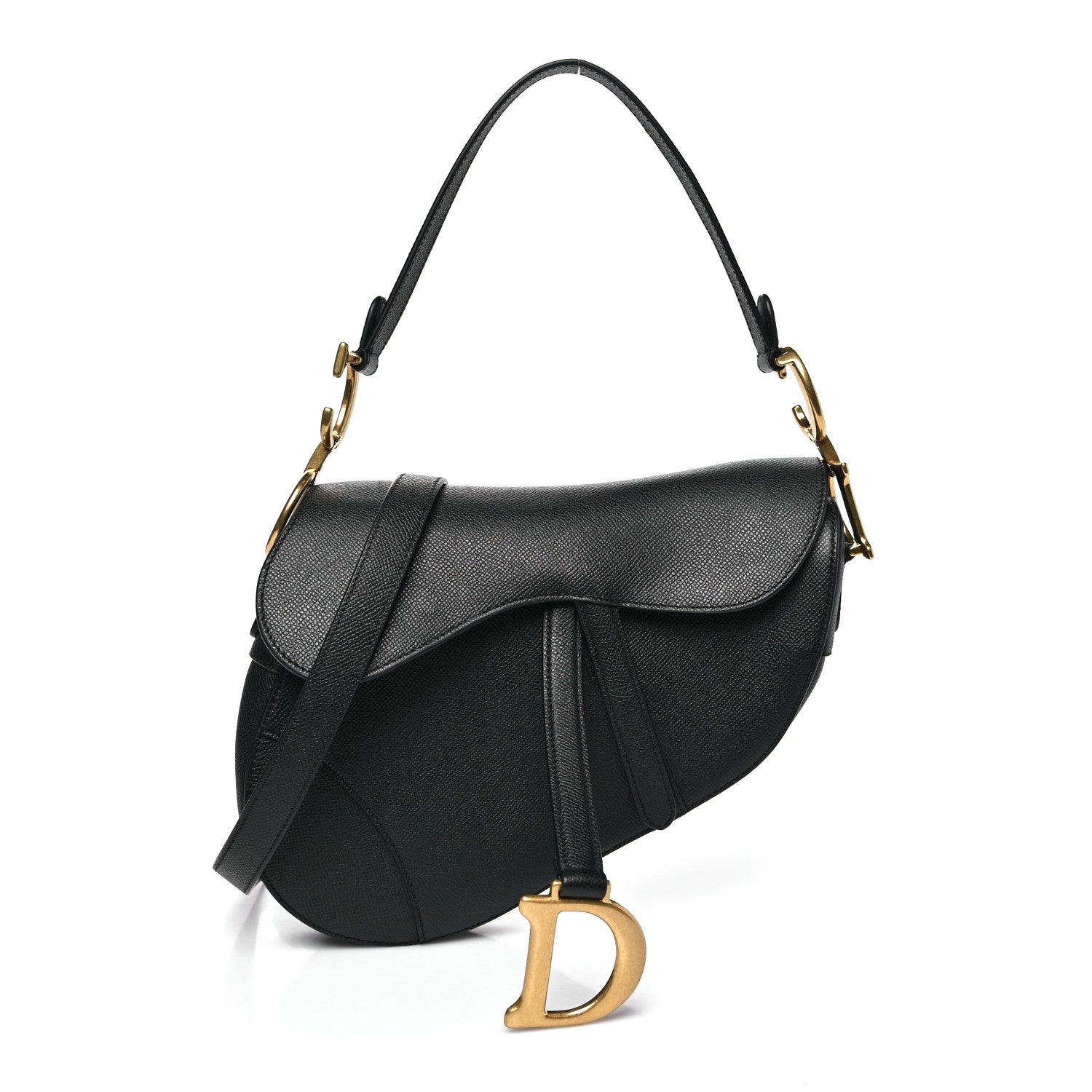 Christian Dior Grained Calfskin Saddle Bag With Strap Black