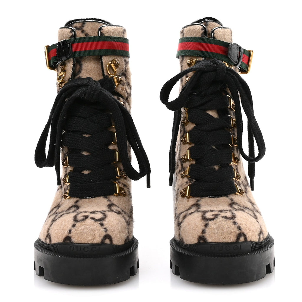 Gucci Covered Wool GG Monogram Womens Lace Up Combat Ankle Boots 35 Beige Ebony Black