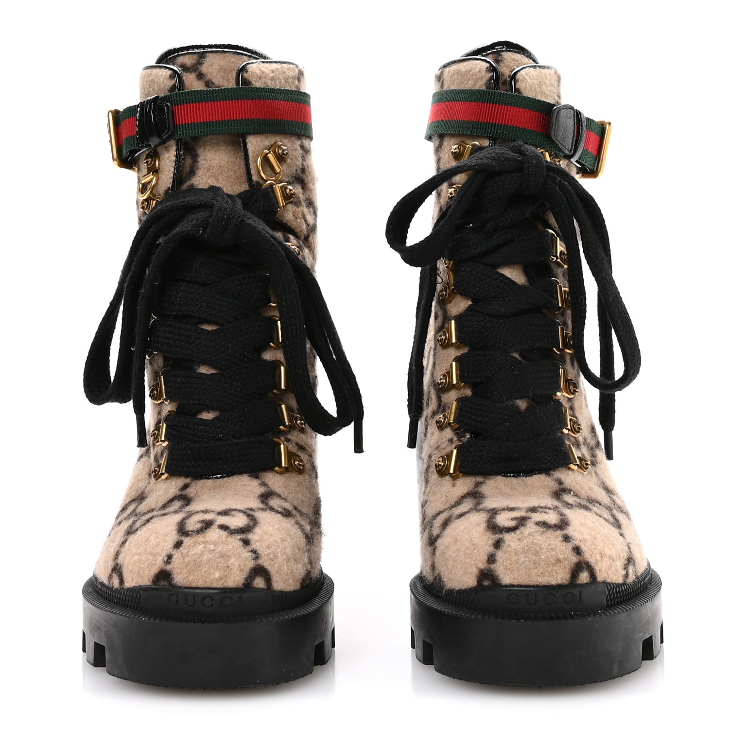 Gucci Covered Wool GG Monogram Womens Lace Up Combat Ankle Boots 35 Beige Ebony Black