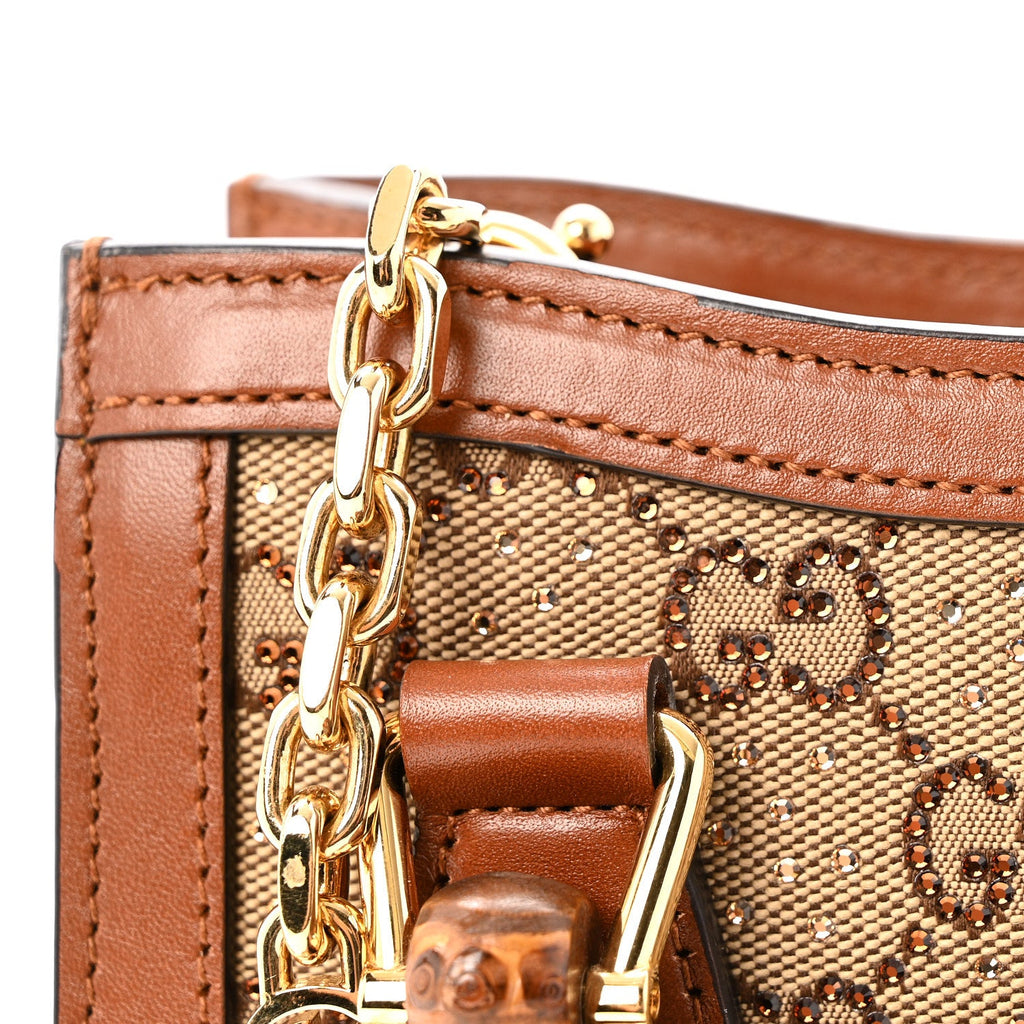 Gucci New Canvas Charisma Calfskin Crystal GG Monogram Mini Diana Tote Bag Camel Ebony