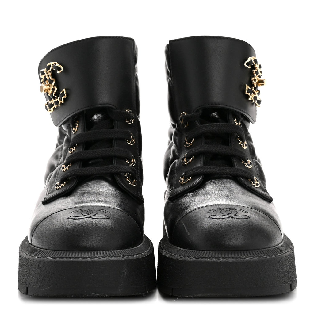Lambskin Calfskin Quilted Lace Up Combat Boots 38 Black