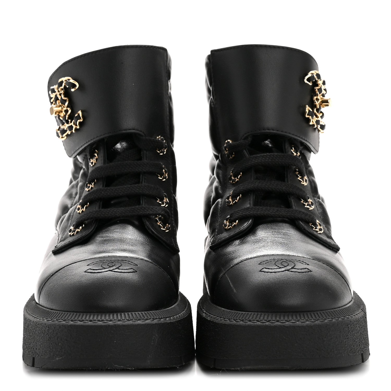 Lambskin Calfskin Quilted Lace Up Combat Boots 38 Black