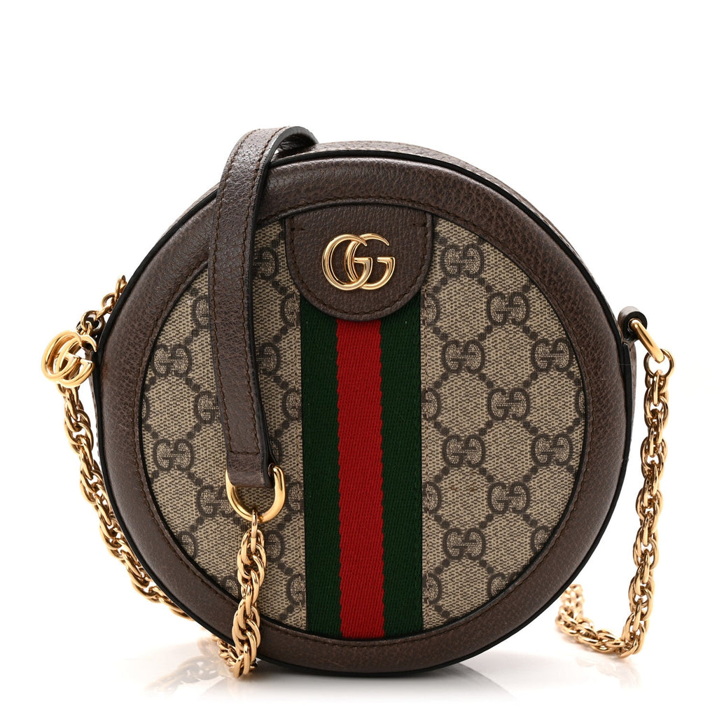 Gucci GG Supreme Monogram Web Mini Ophidia Round Shoulder Bag Brown