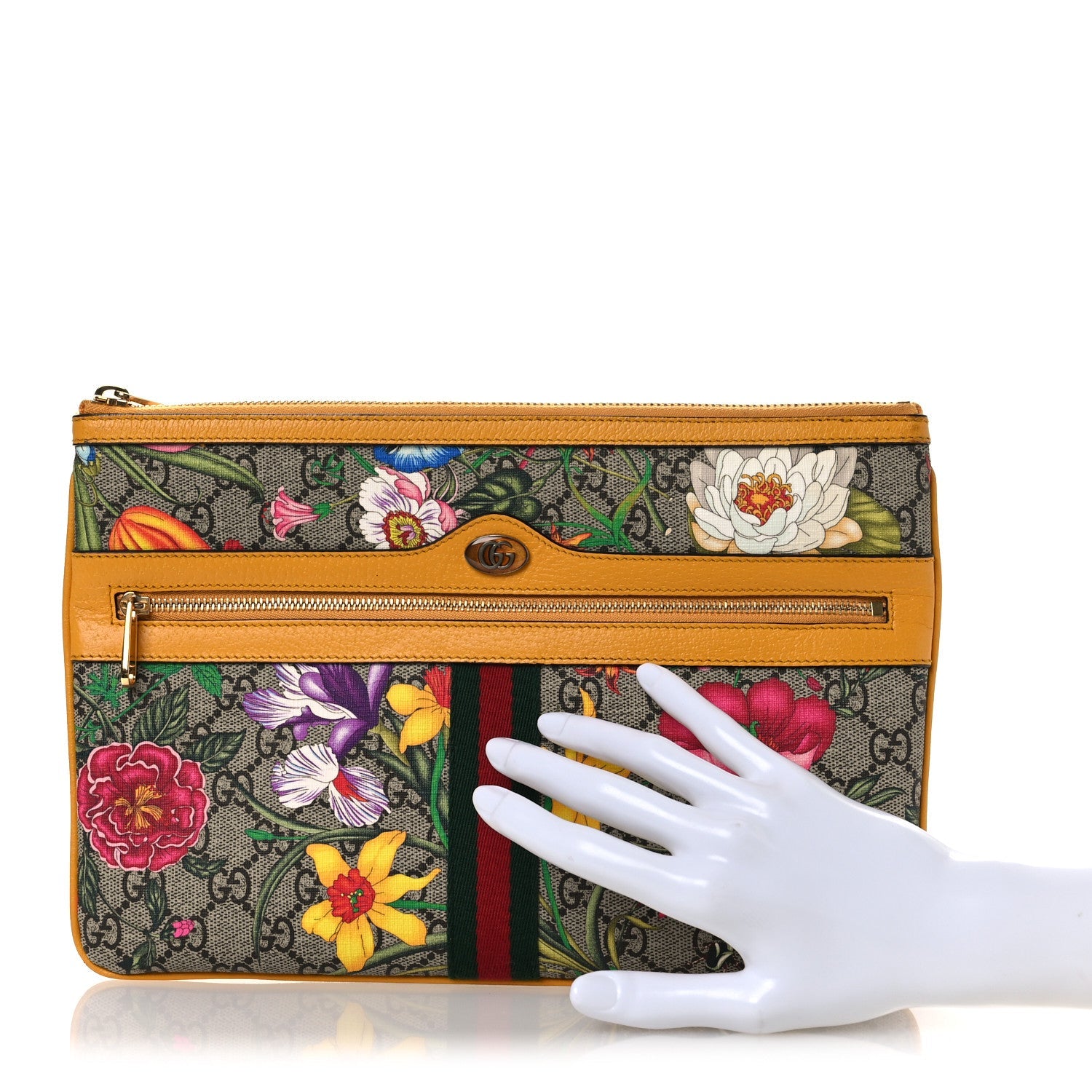 Gucci GG Supreme Monogram Flora Large Ophidia Pouch Clutch Beige Multicolor Crop
