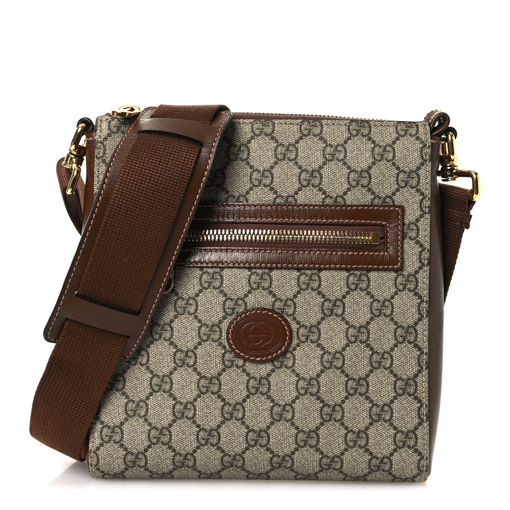 Gucci GG Supreme Monogram Azalea Calfskin Retro Interlocking G Flat Messenger Bag Beige Ebony Brown Sugar