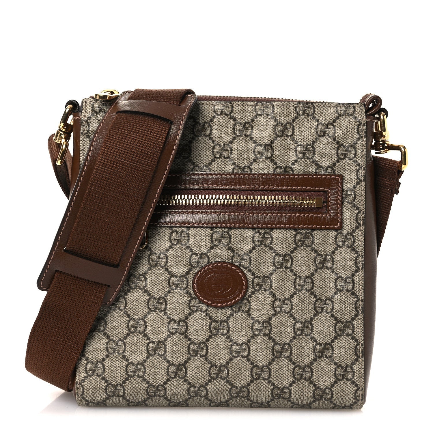 Gucci GG Supreme Monogram Azalea Calfskin Retro Interlocking G Flat Messenger Bag Beige Ebony Brown Sugar