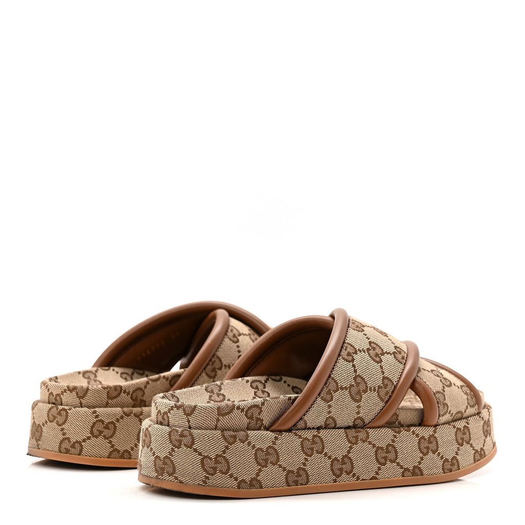 Gucci Monogram GG Calfskin Angelina Platform 55mm Slide Sandals 35 Camel Ebony
