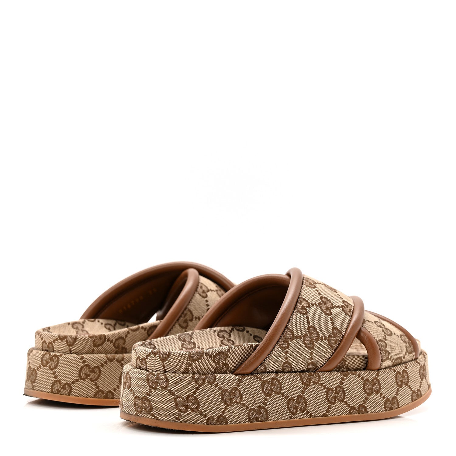Gucci Monogram GG Calfskin Angelina Platform 55mm Slide Sandals 35 Camel Ebony