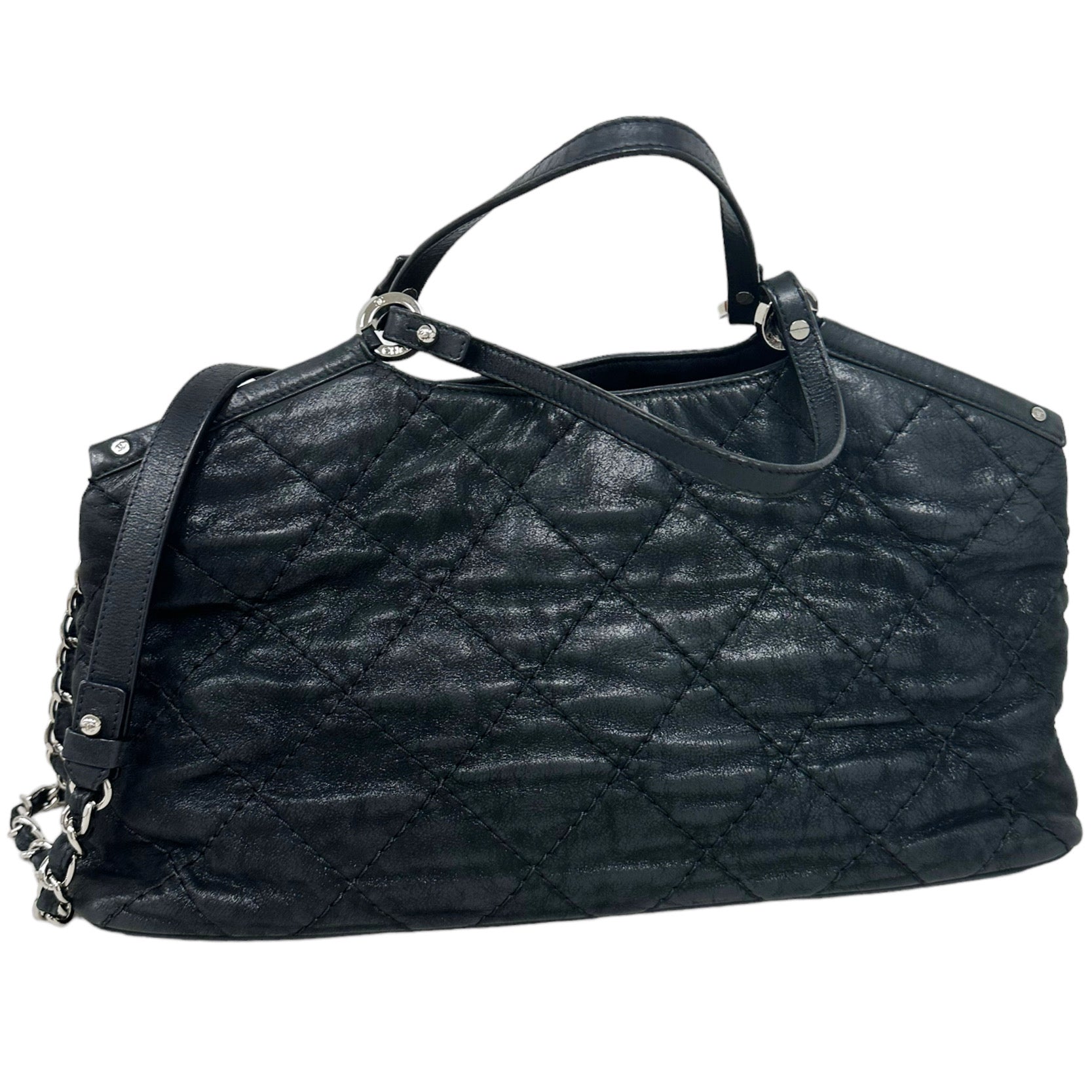 Chanel Matelasse Quilted Black Shimmer Leather Chain Shoulder Tote Bag