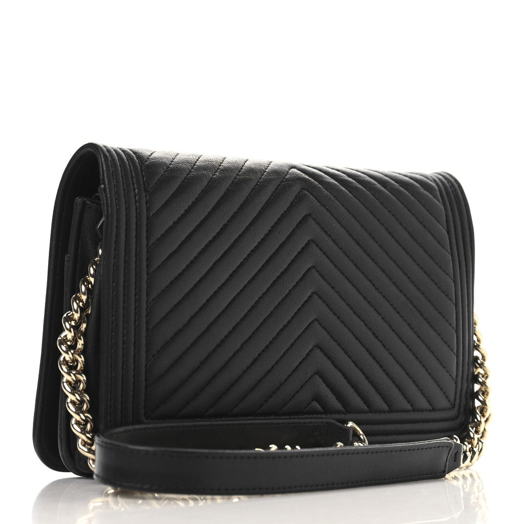 Chanel Lambskin Chevron Boy Wallet On Chain WOC Black