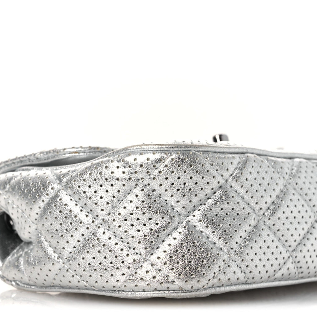 Chanel Metallic Lambskin Perforated Mini Rectangular Flap Silver