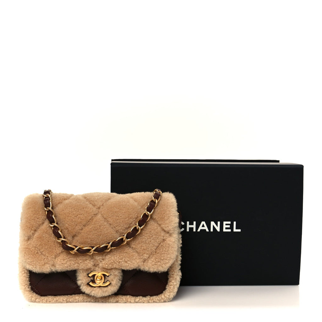 Chanel Shearling Lambskin Quilted Mini Furry Coco Flap Beige Dark Brown