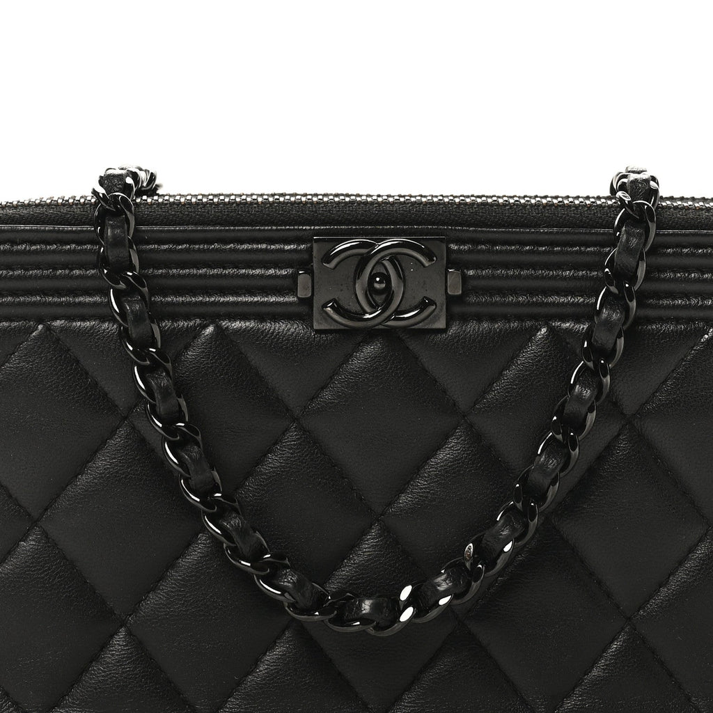 Chanel Lambskin Quilted Small Boy Clutch With Chain So Black