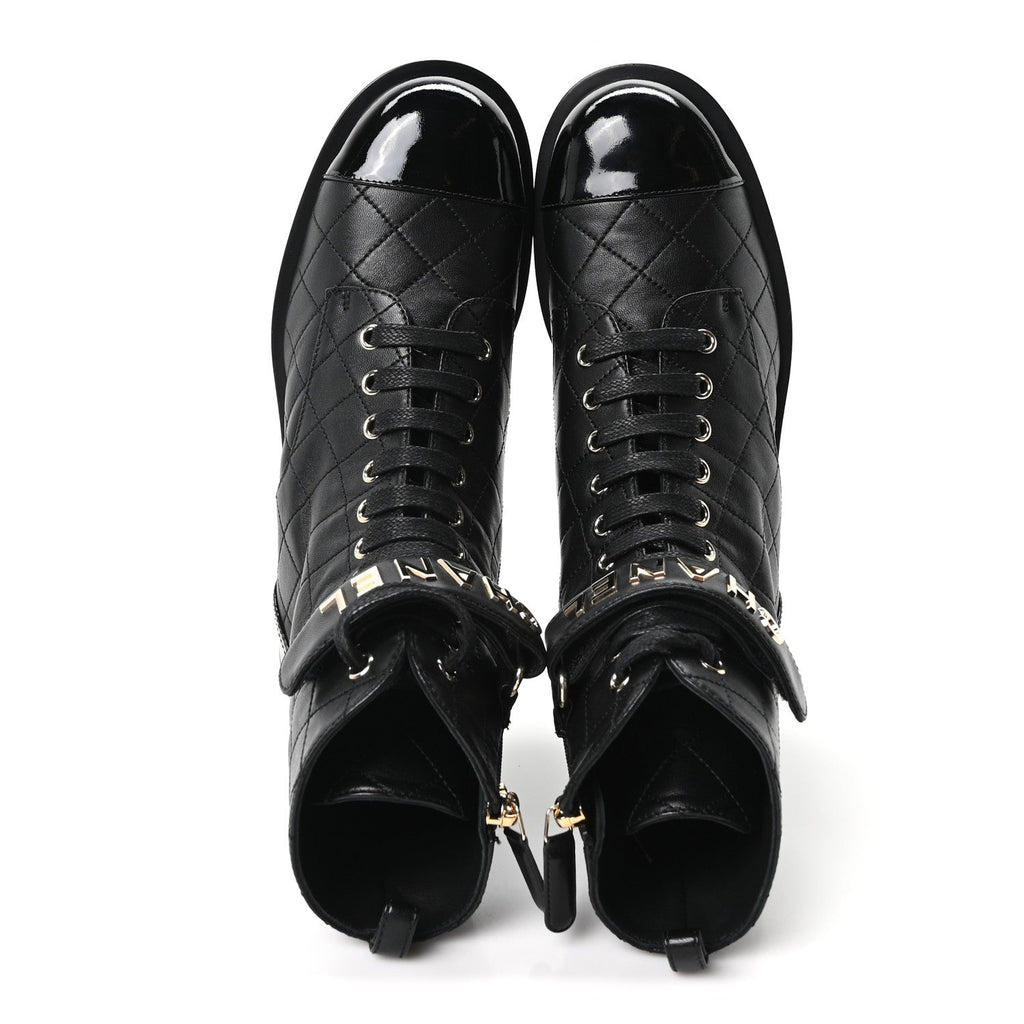 Lambskin Patent Calfskin Quilted Logo Lace Up Combat Boots 39.5 Black