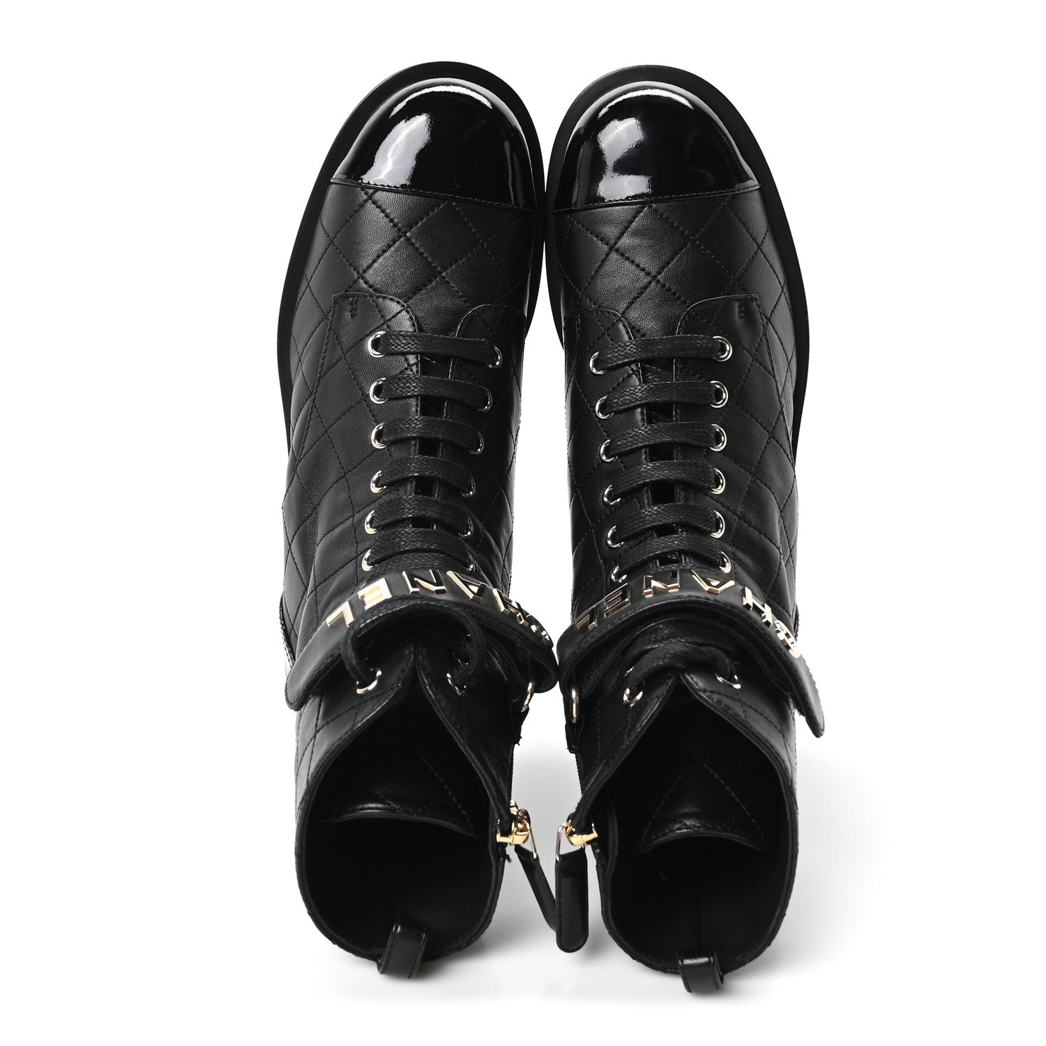 Lambskin Patent Calfskin Quilted Logo Lace Up Combat Boots 39.5 Black