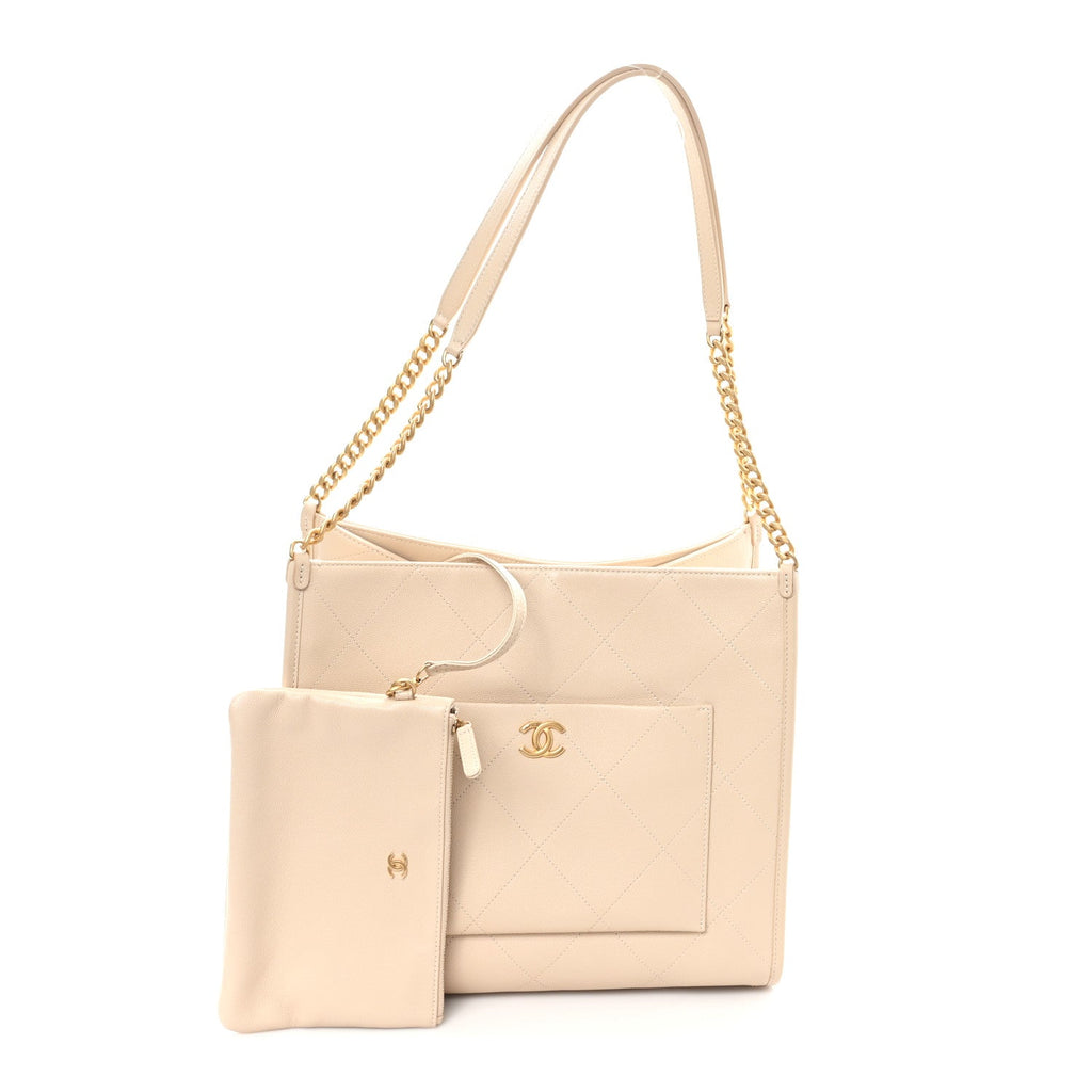 Chanel Caviar Stitched Pocket CC Large Tote Light Beige