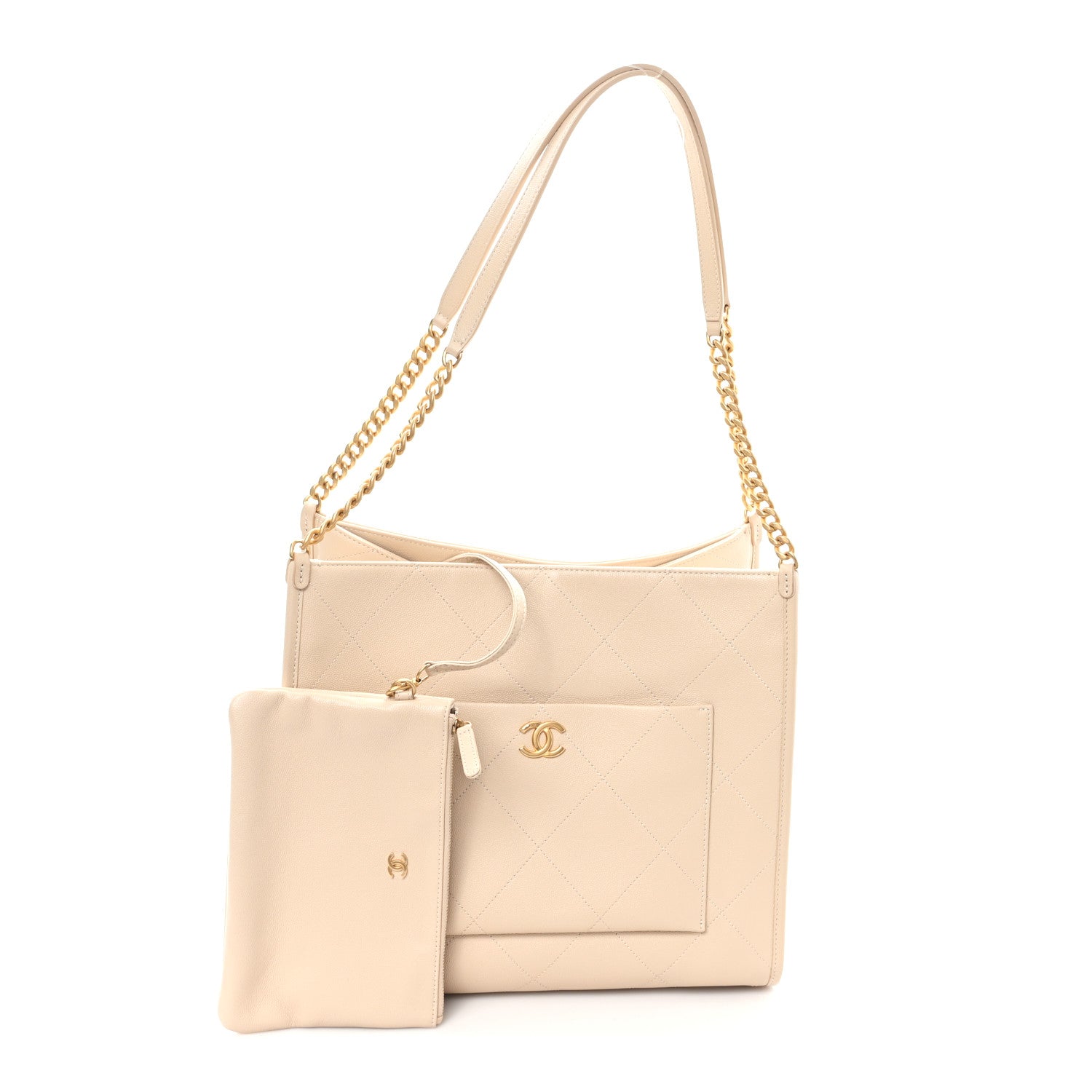 Chanel Caviar Stitched Pocket CC Large Tote Light Beige